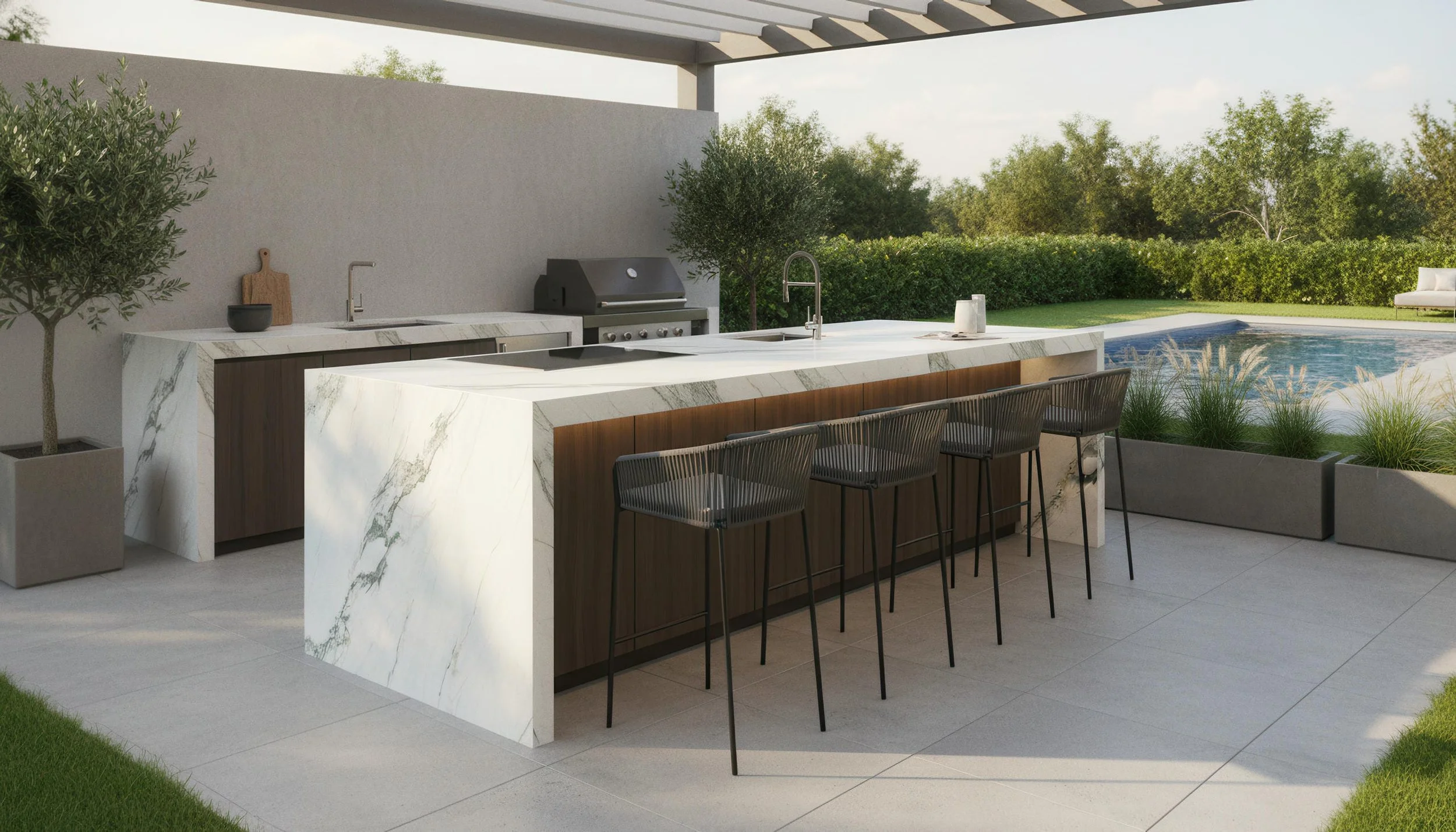 Modern Outdoor Kitchen With Calacatta Verde 5x10 Porcelain Slab Island | CIERO
