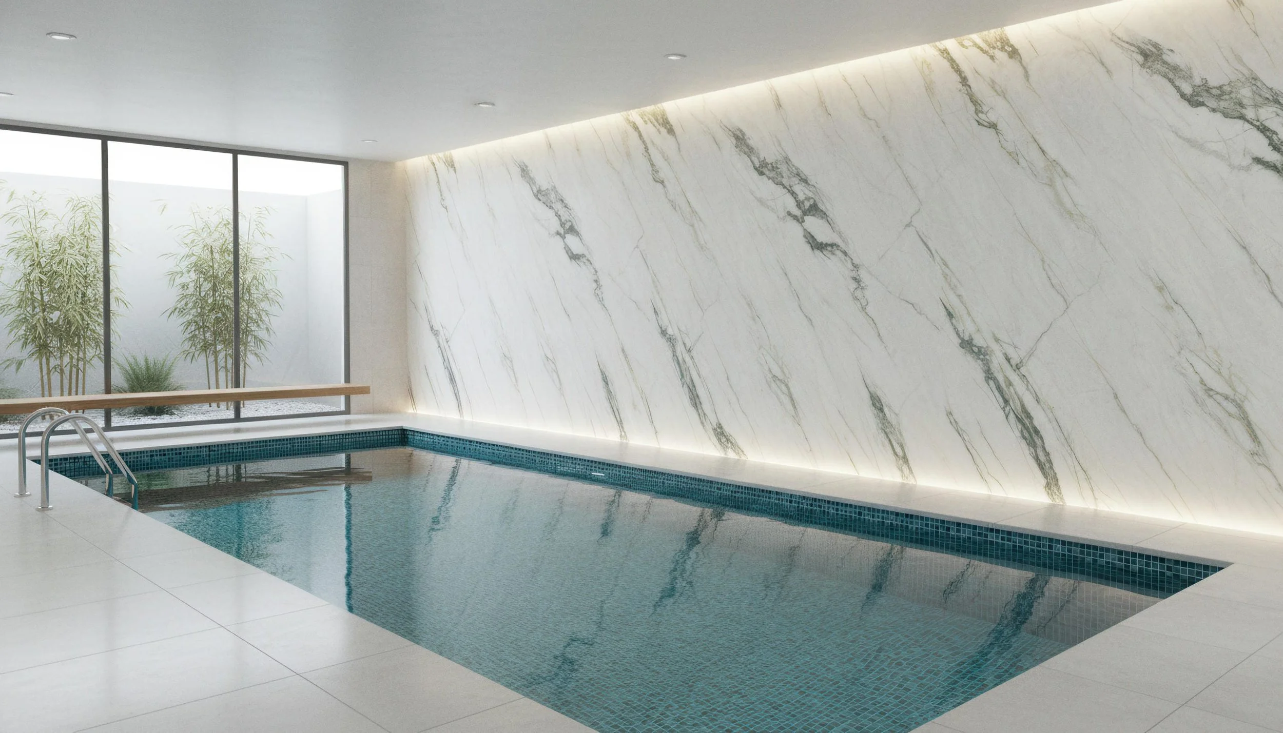 Modern indoor Pool with Calacatta Verde 5x10 Porcelain Slab Featurewall | CIERO