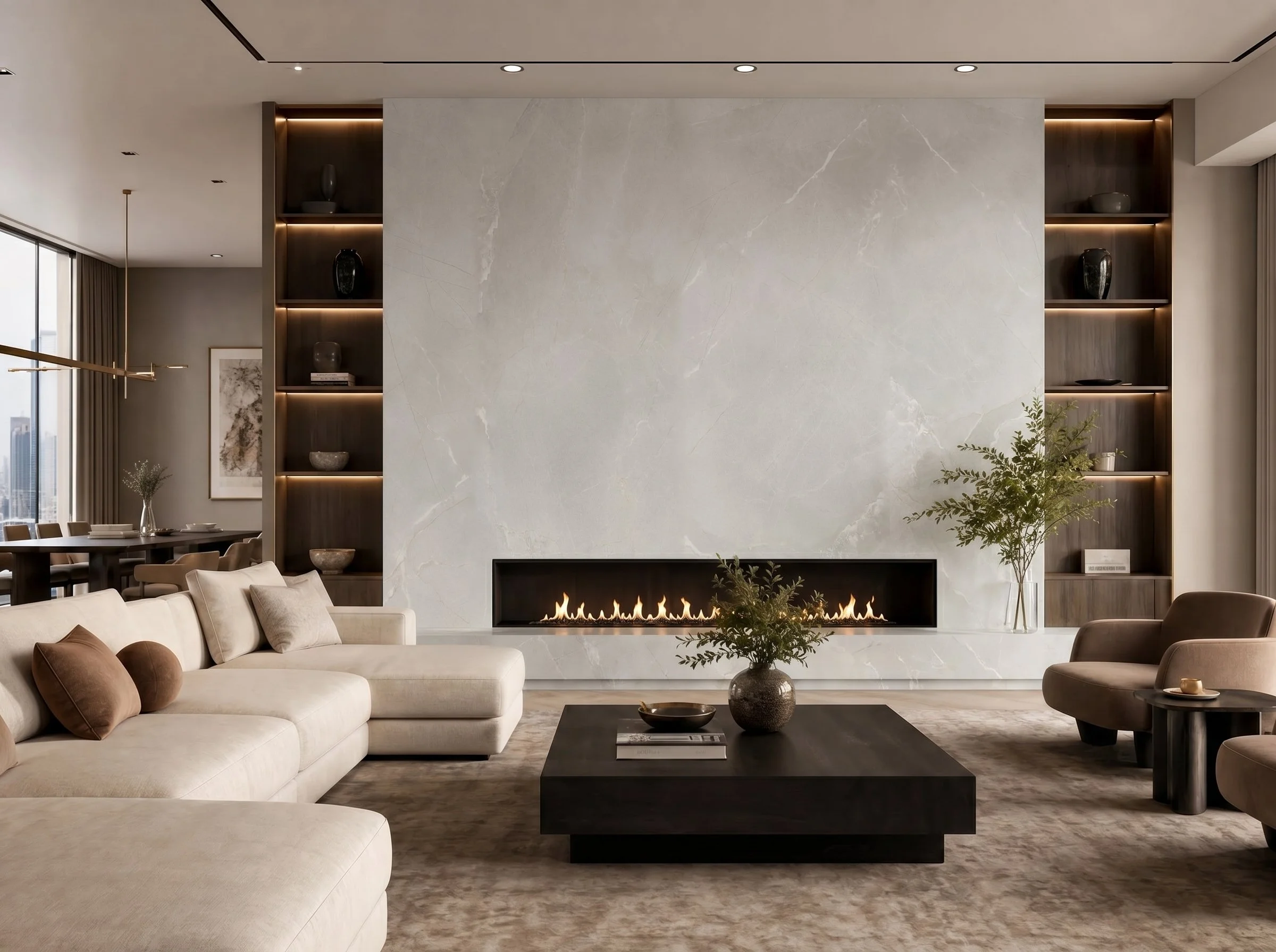 Modern Livingroom With Porcelain Slab Fireplace | CIERO