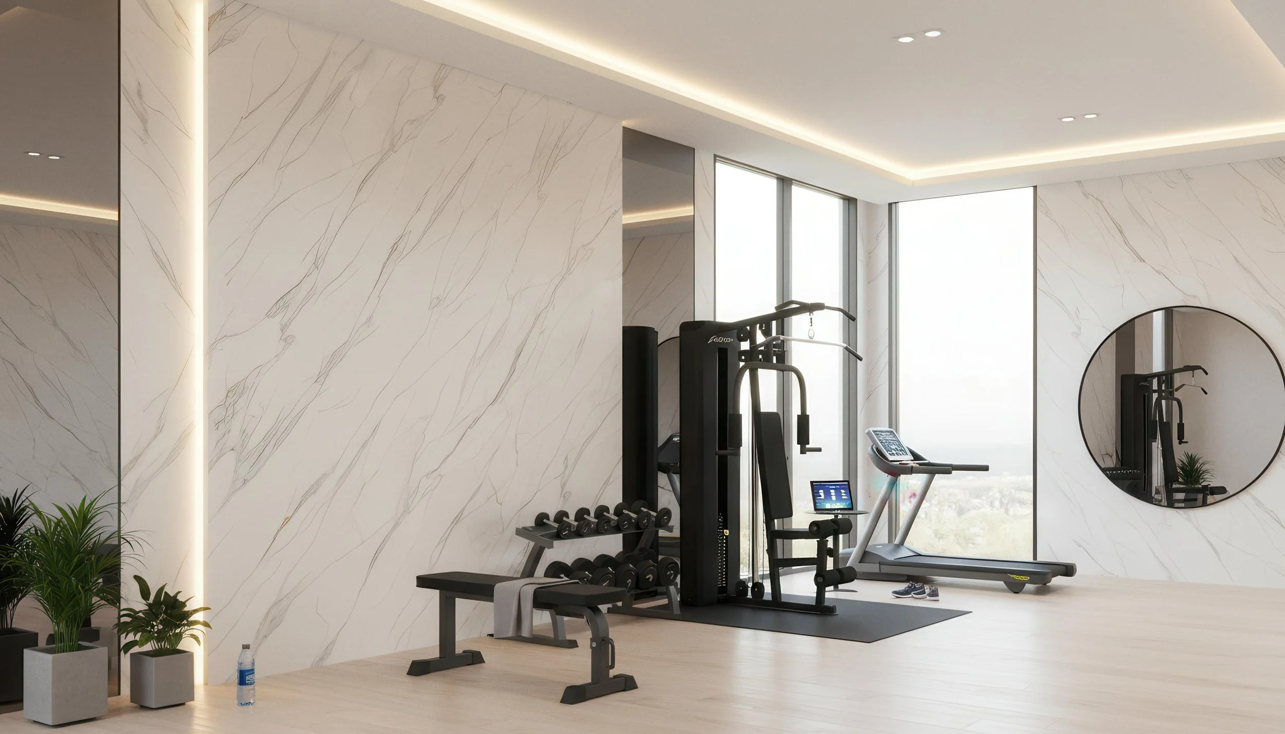 Modern Home Gym With Karami White 4x10 Porcelain Slab Accent Wall | CIERO