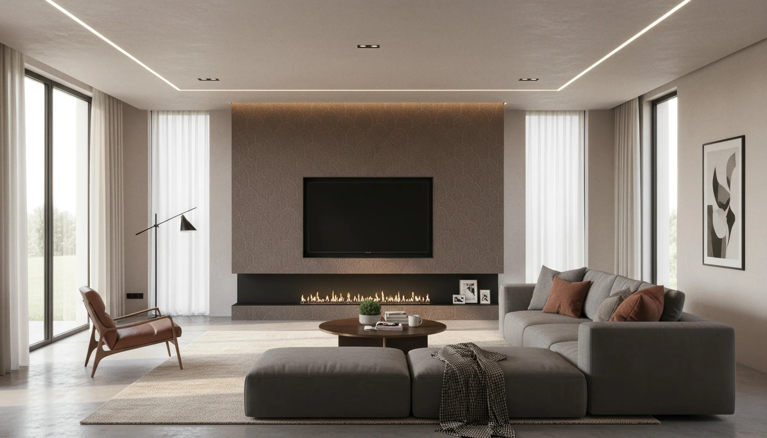 Modern Livingroom With Zen Crest Opal 80cm x 260cm Porcelain Slab Fireplace Feature Wall | CIERO