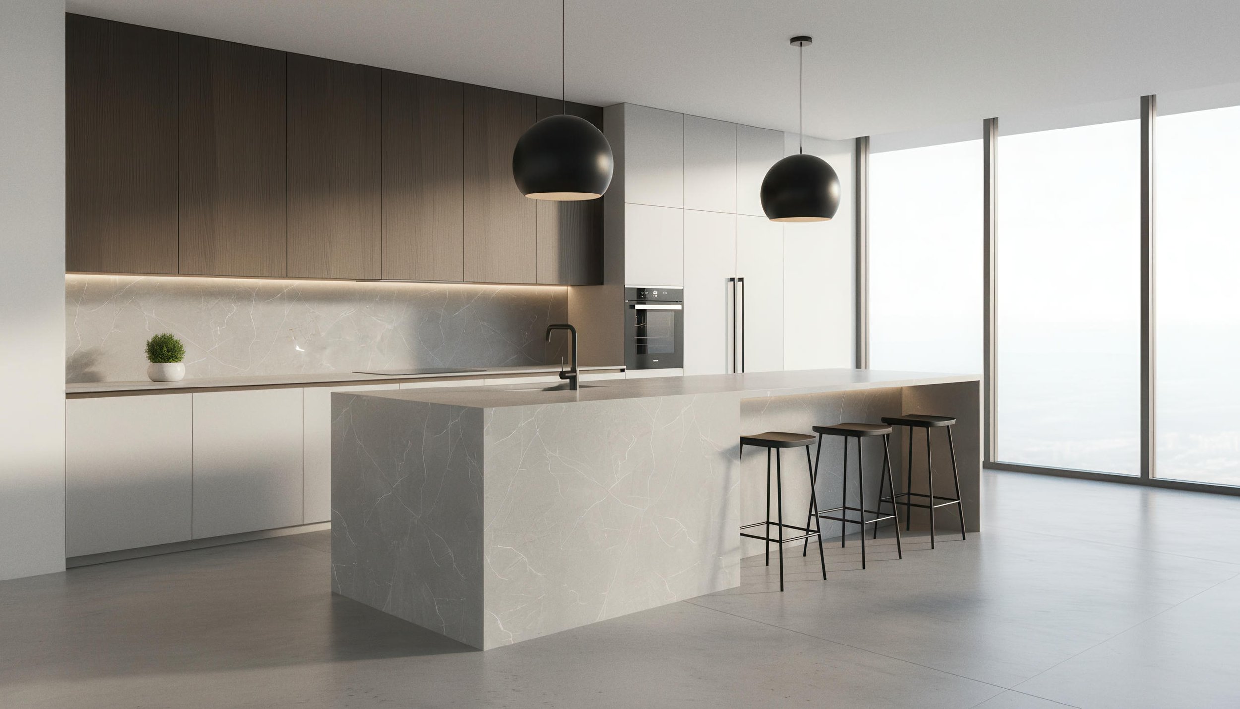 Modern Kitchen With Cloud Grey 4x9 Porcelain Slab Island & Backsplash | CIERO