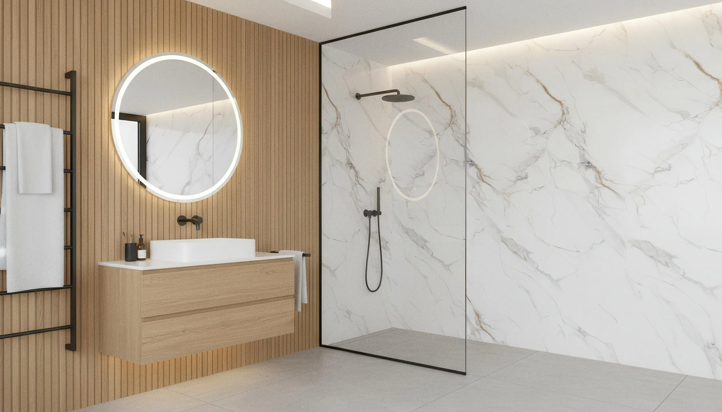 Modern Bathroom with Prestige 4x10 Porcelain Slab Shower Wall| CIERO