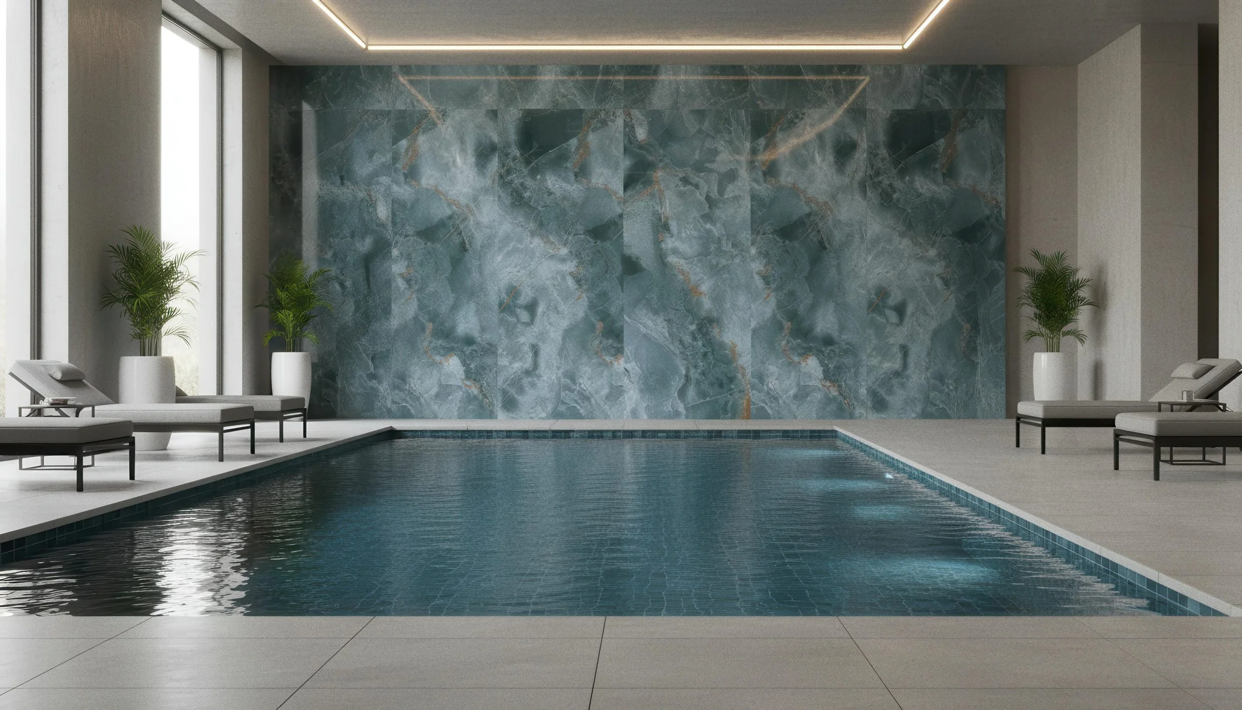 Modern Indoor Swiming Pool With Onyx Jade 4x10 Porcelain Slab Feature Wall | CIERO