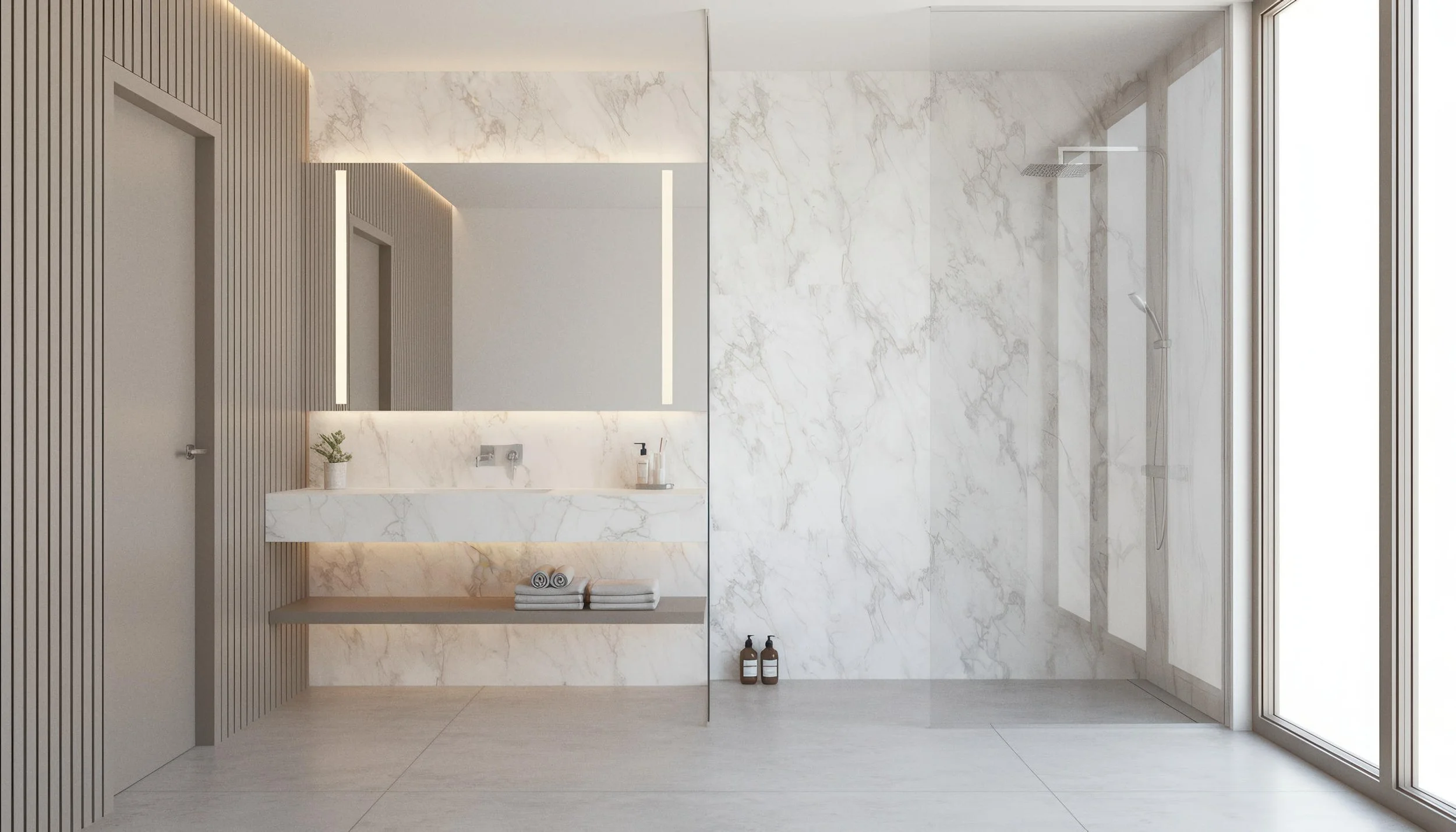 Modern Bathroom With Vienna White 4x9 Porcelain Slab Shower Wall | CIERO