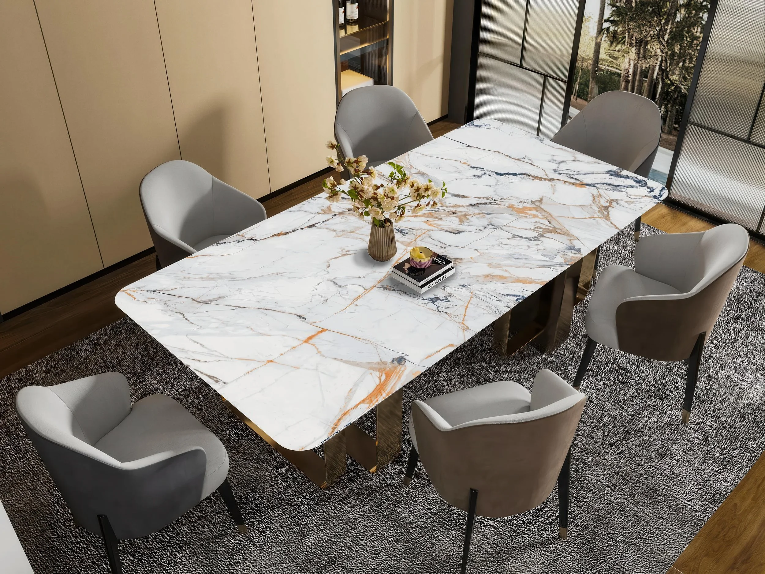 Modern Dining Table With Gilt Year 4x9 Porcelain Slab | CIERO INC