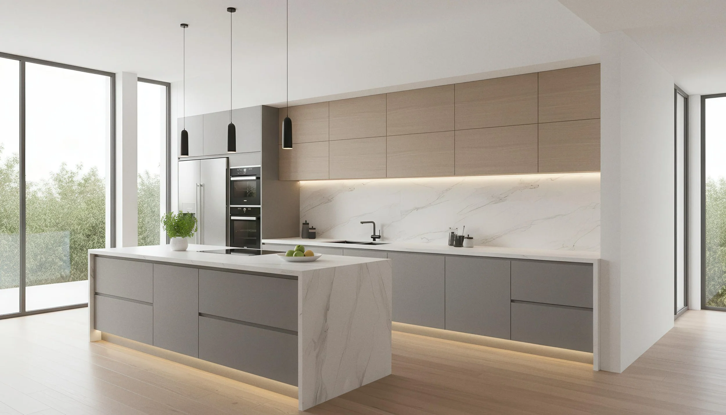 Modern Kitchen With Calacatta Carina 4x9 Porcelain Slab Island & Countertop Backsplash| CIERO