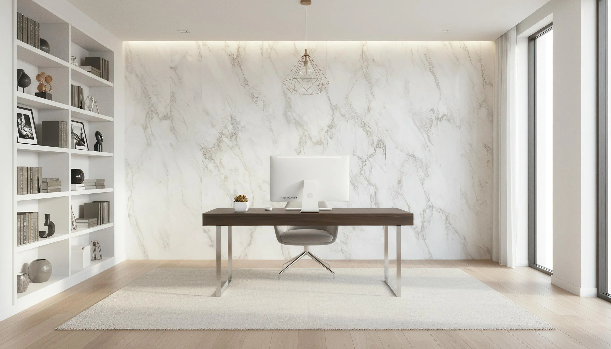 Modern Home Office Setup With Vienna White 4x9 Porcelain Slab Feature Wall | CIERO