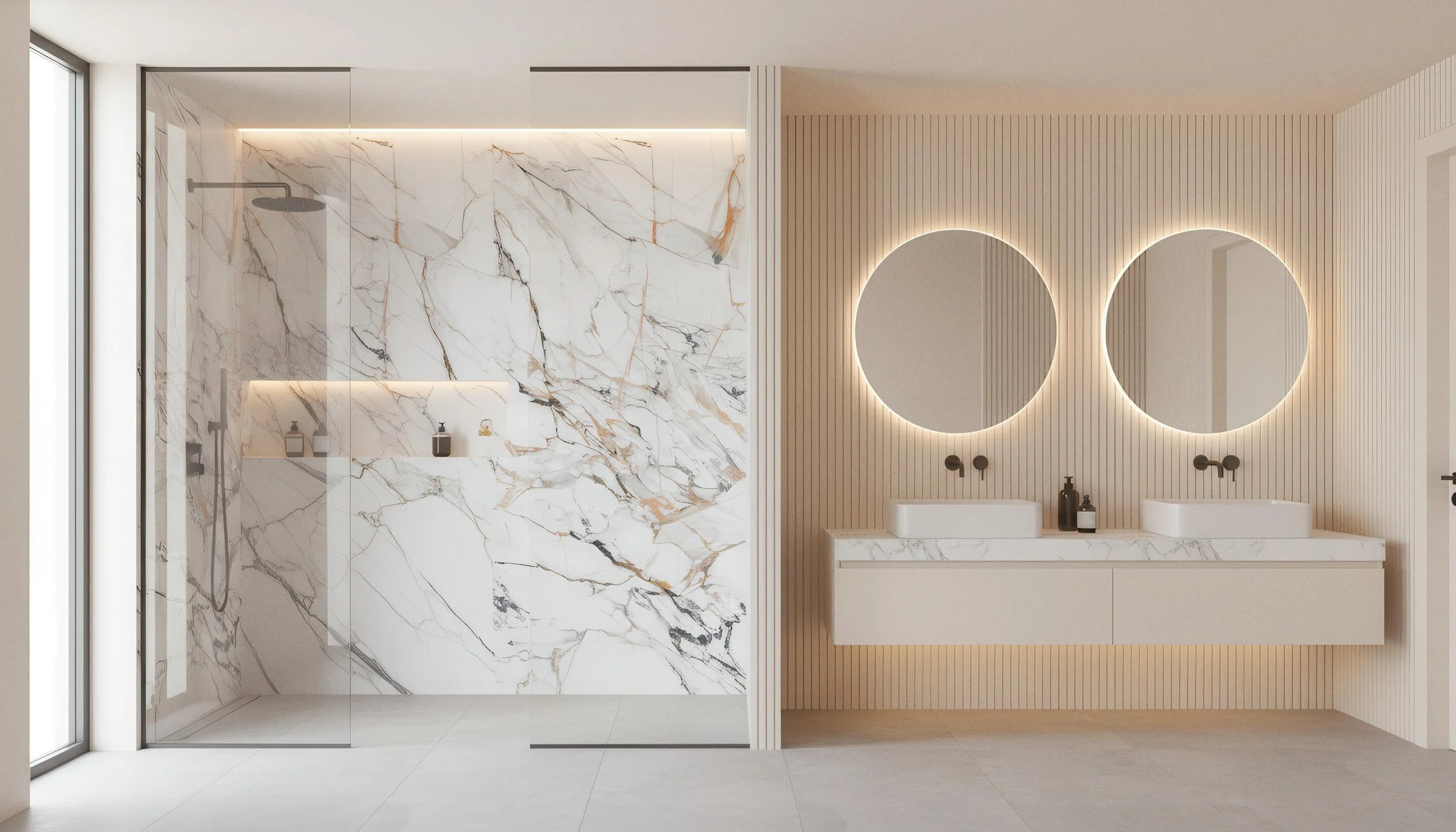 Modern Bathroom With Gilt Year 4x9 Porcelain Slab Shower | CIERO INC