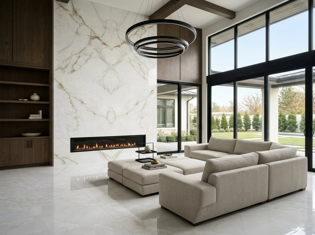 Modern Livingroom With Fireplace Accent Wall Built with Carrara Gold LW 5x10 Porcelain Slab | CIERO