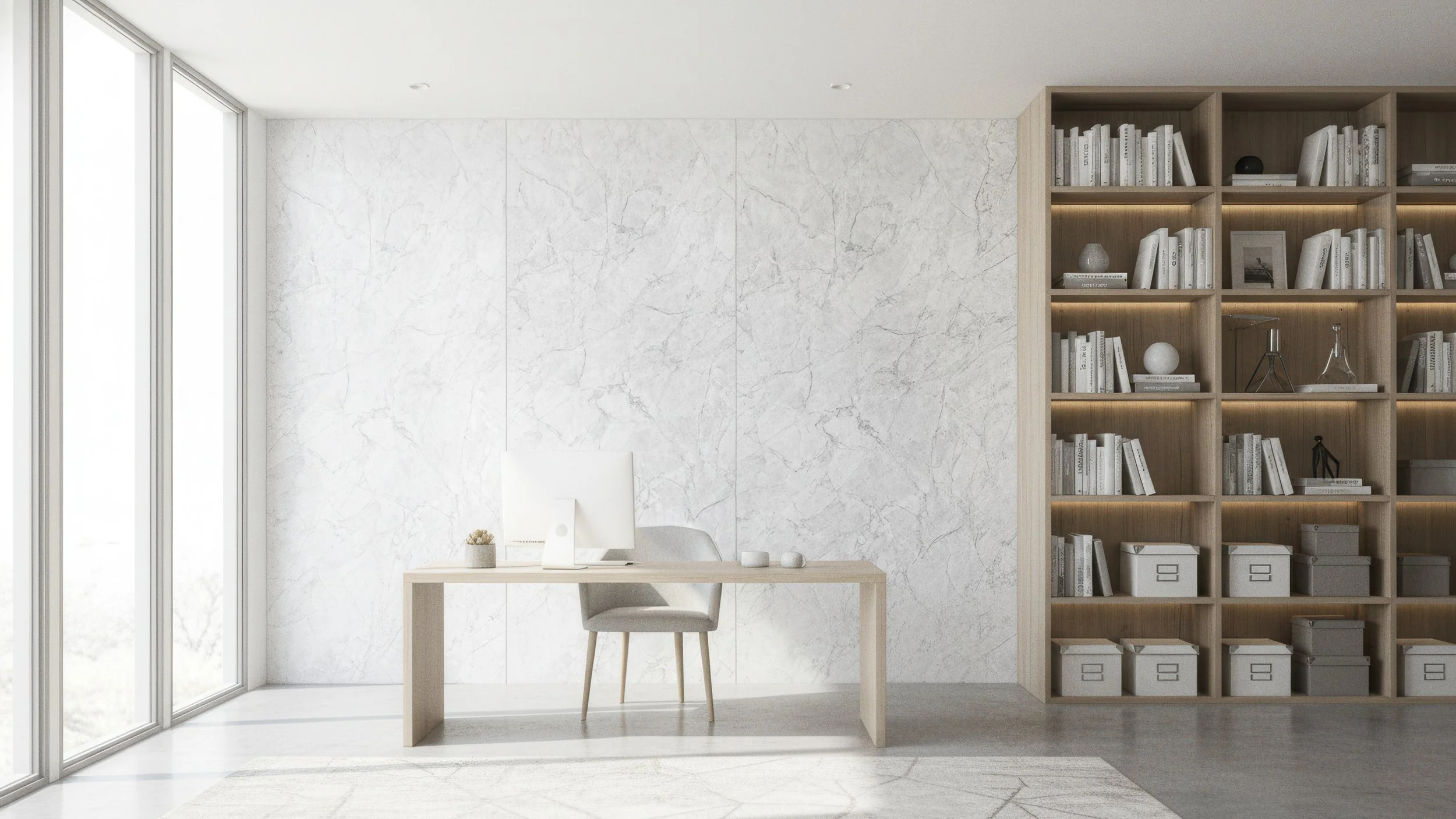 Modern & Minimal Condo Office with Super White Porcelain Slab Feature Wall