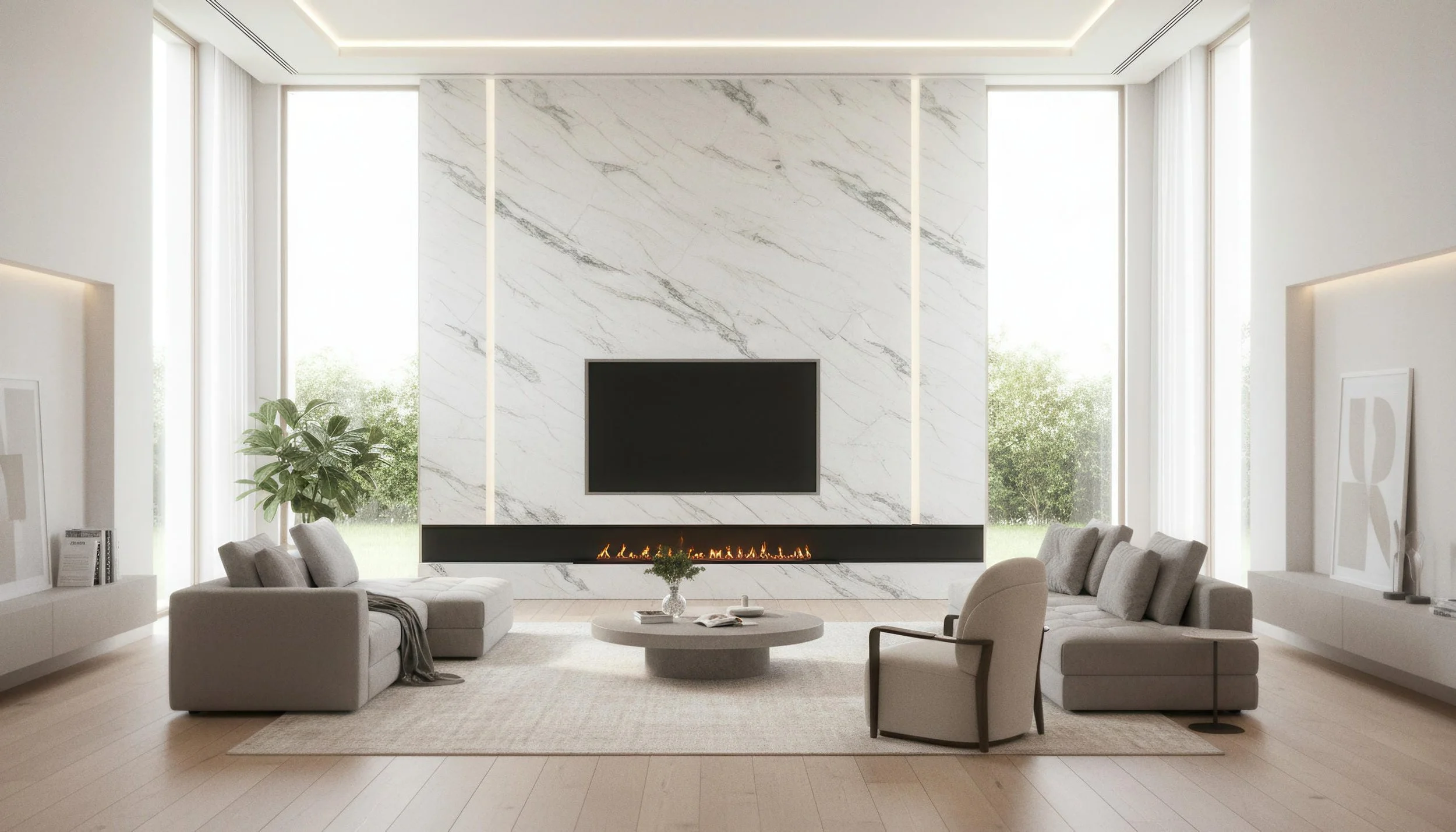 Modern Livingroom with Calacatta Verde 5x10 Porcelain Slab Fireplace Featurewall | CIERO