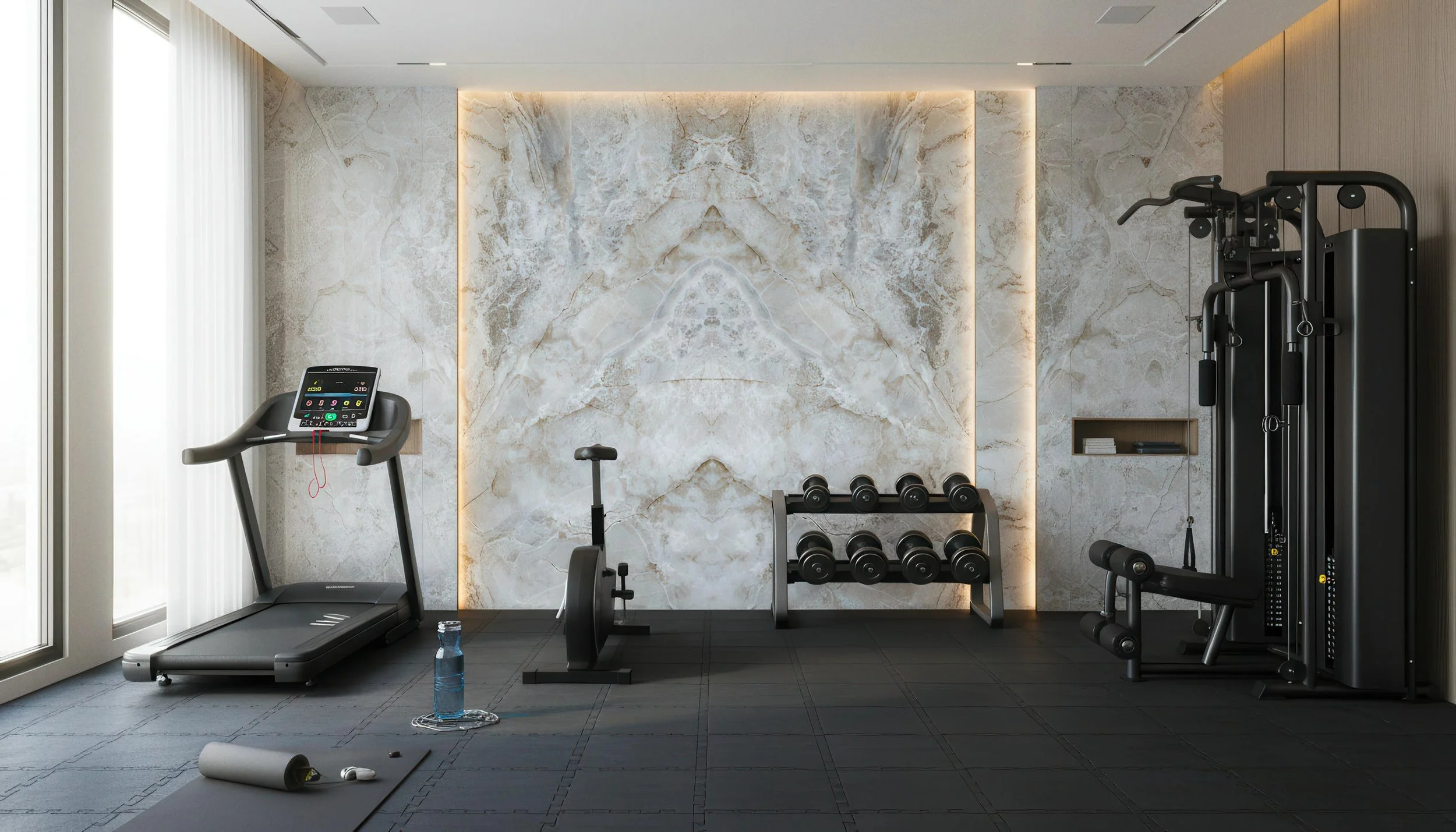 Modern Home Gym Setup With Diamond Beige 4x9 Porcelain Slab Feature Wall | CIERO
