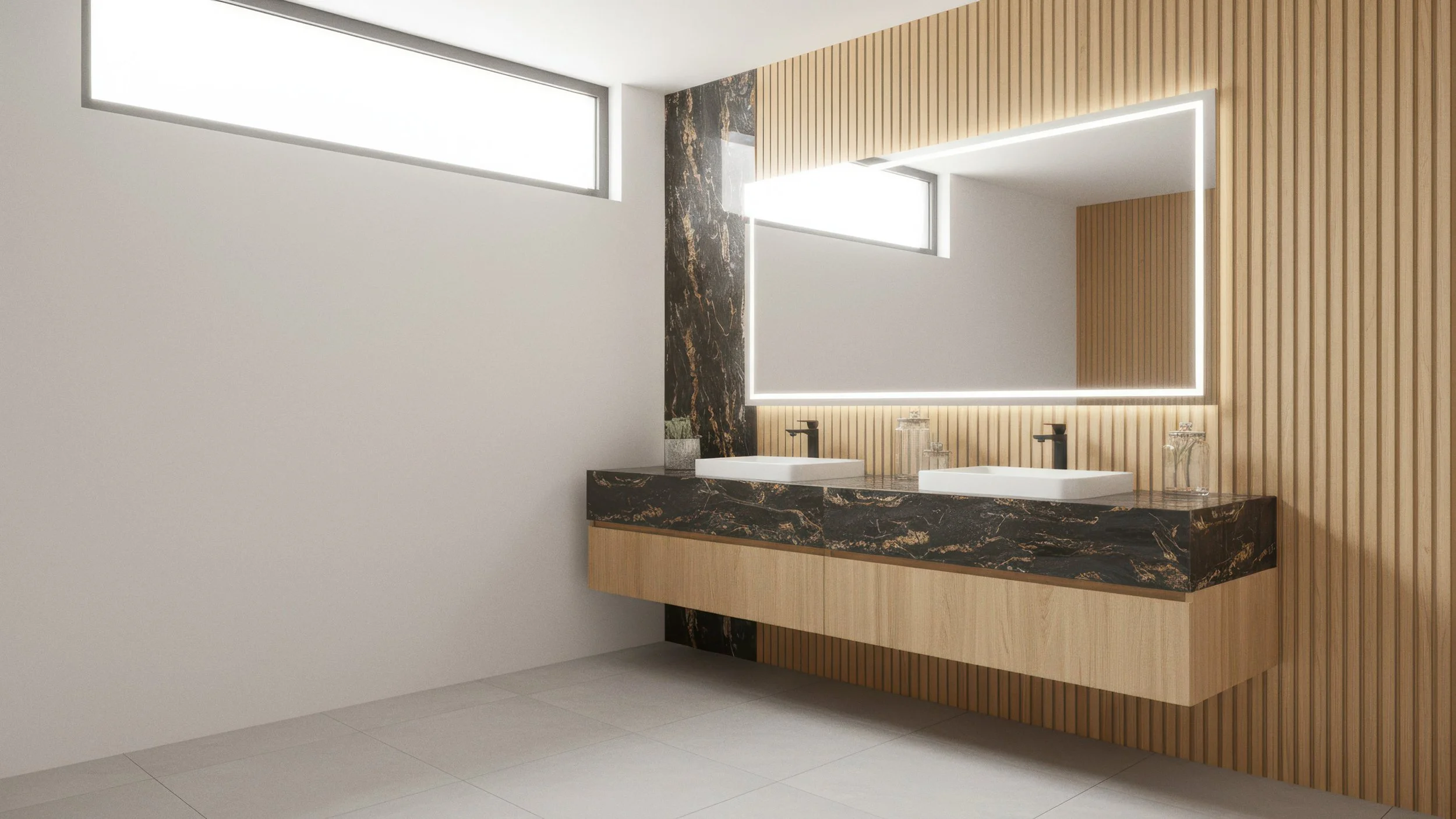 Modern basement bathroom with fluted walls and porcelain slab accent using CIERO's Gold damasgato porcelain slab with black and gold tones