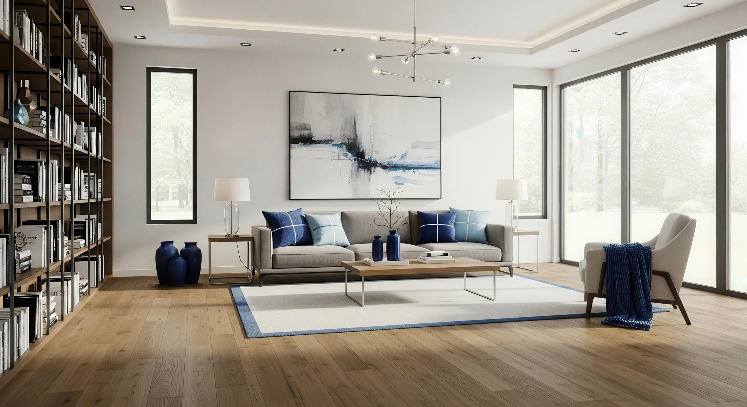 Modern living room with Engineered wood flooring and blue accents