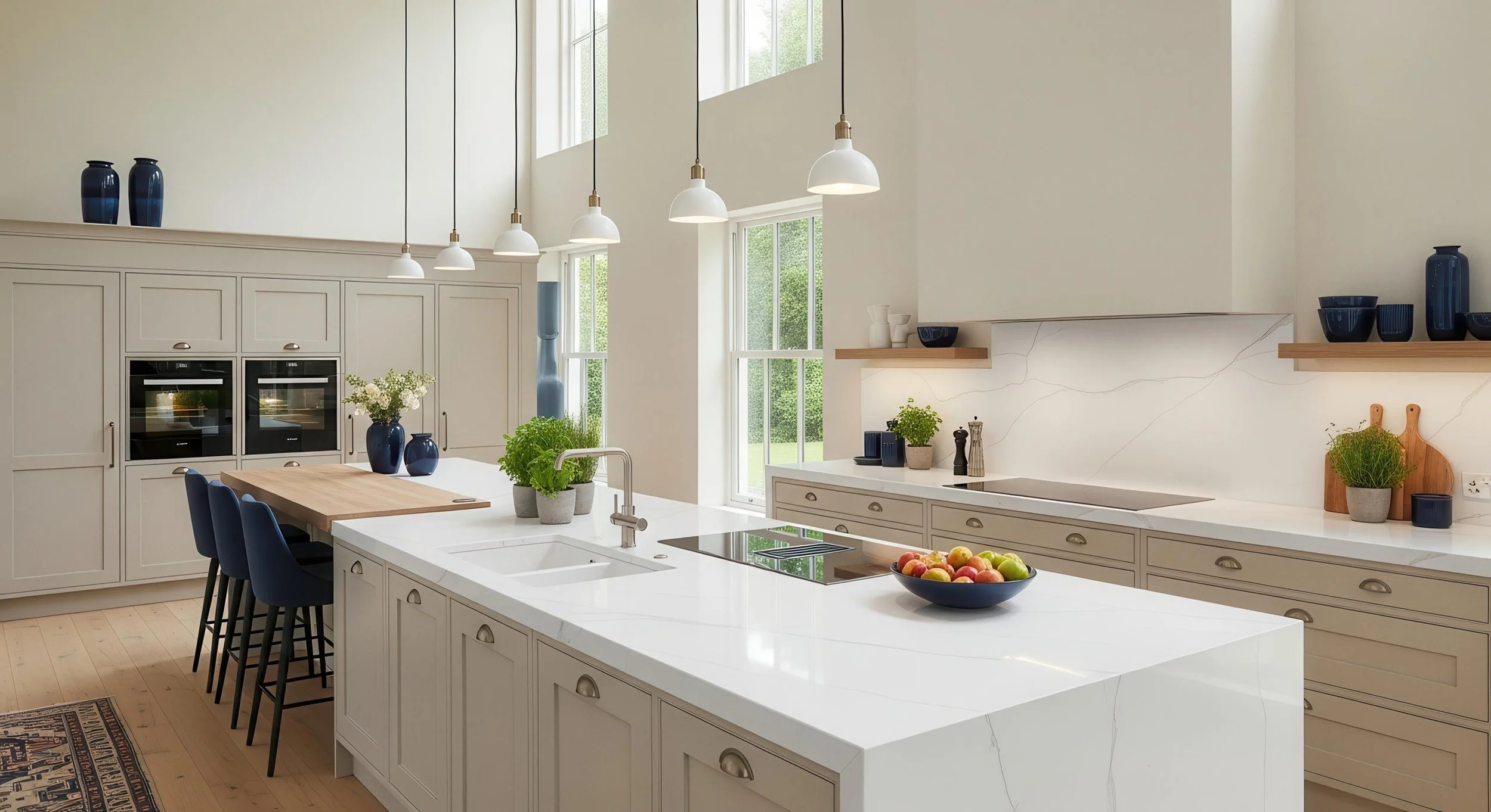 Modern Kitchen With porcelain slab kitchen island, countertop and backsplash