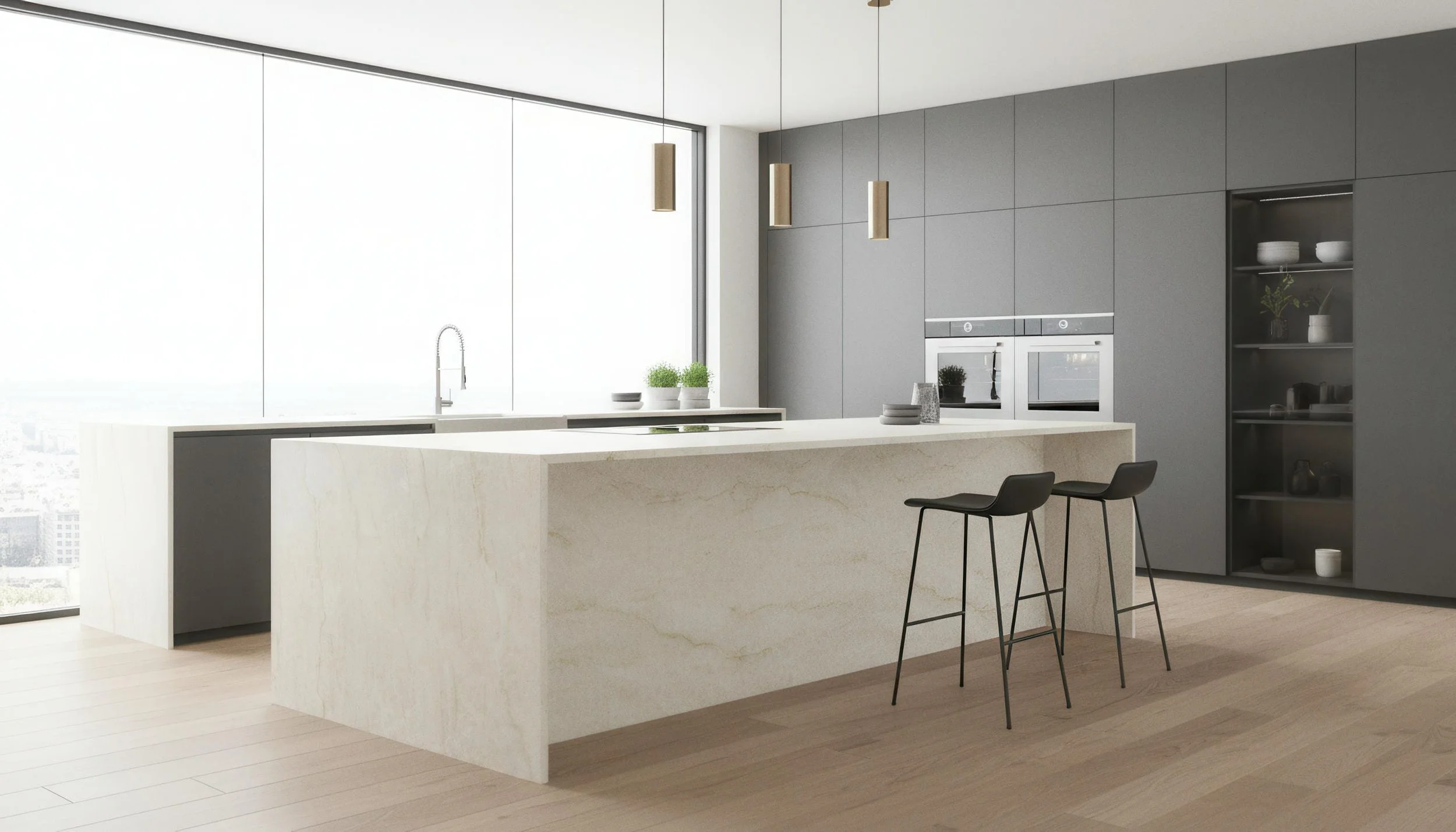 Modern Kitchen with Taj Mahal 5x10 Porcelain Slab Island | CIERO