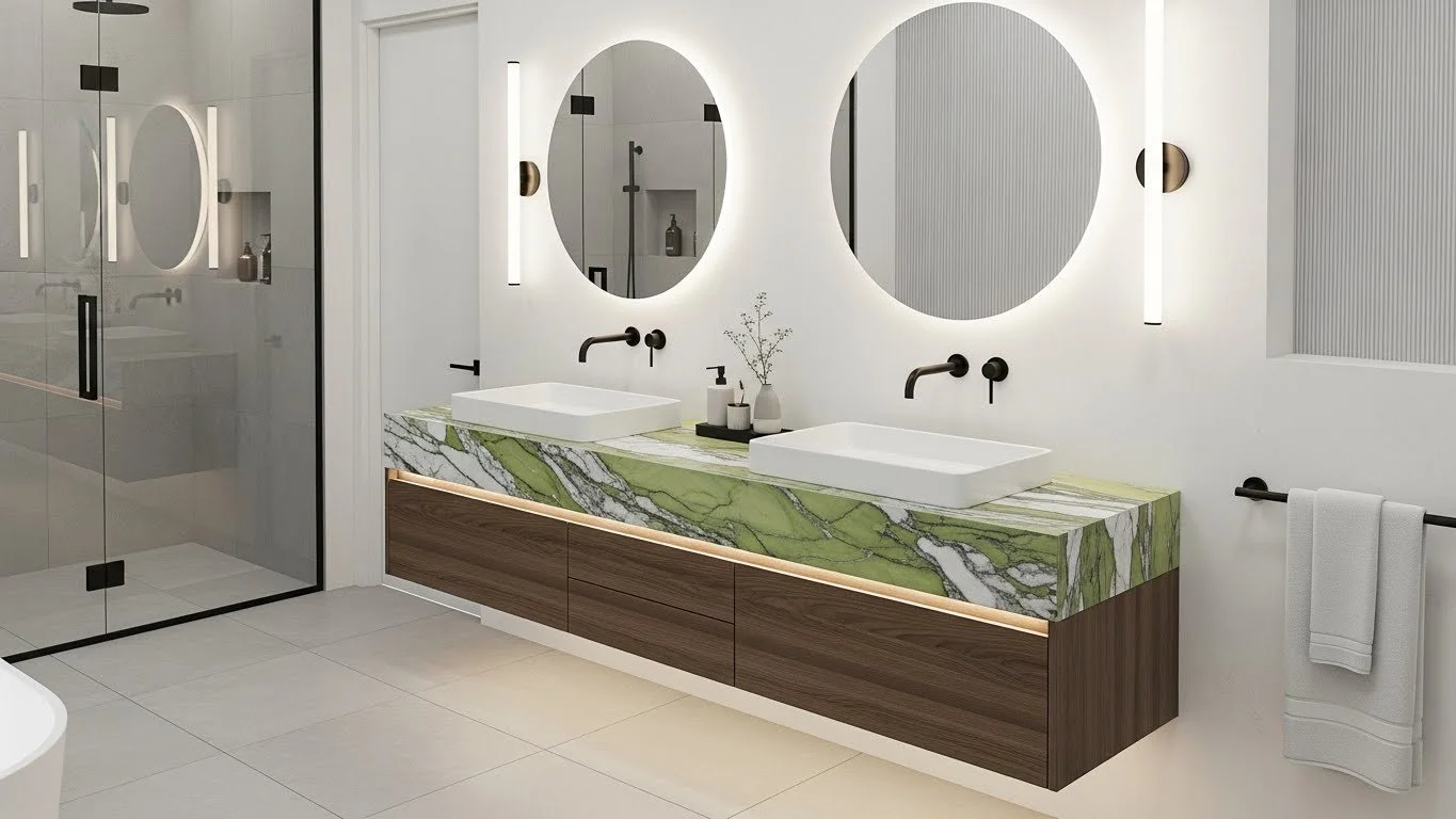 Modern Bathroom Environment featuring the lighter topne Avocado Porcelain Slab as the Vanity Surface Material