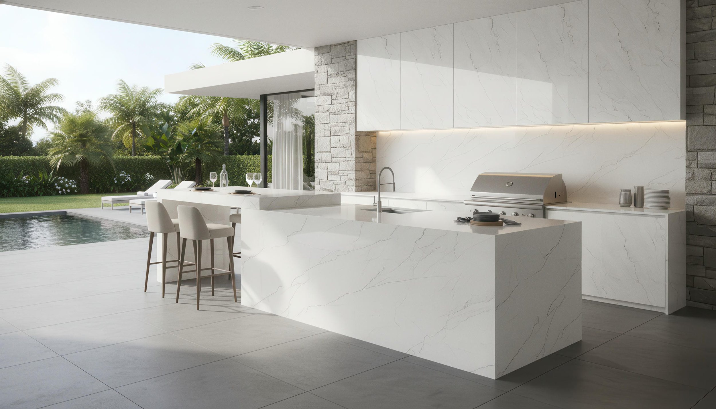 Modern Outdoor Kitchen With Statuario Dune 4x10 Porcelain Slab Island & Backsplash | CIERO
