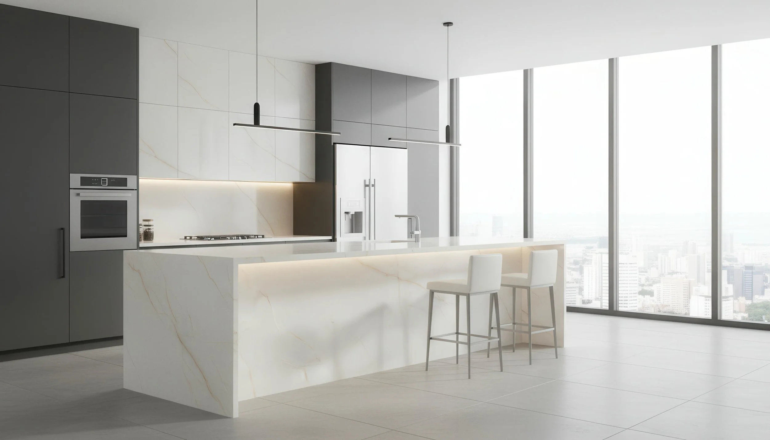 Modern Kitchen With Ice Crystal 4x8 Porcelain Slab Island | CIERO