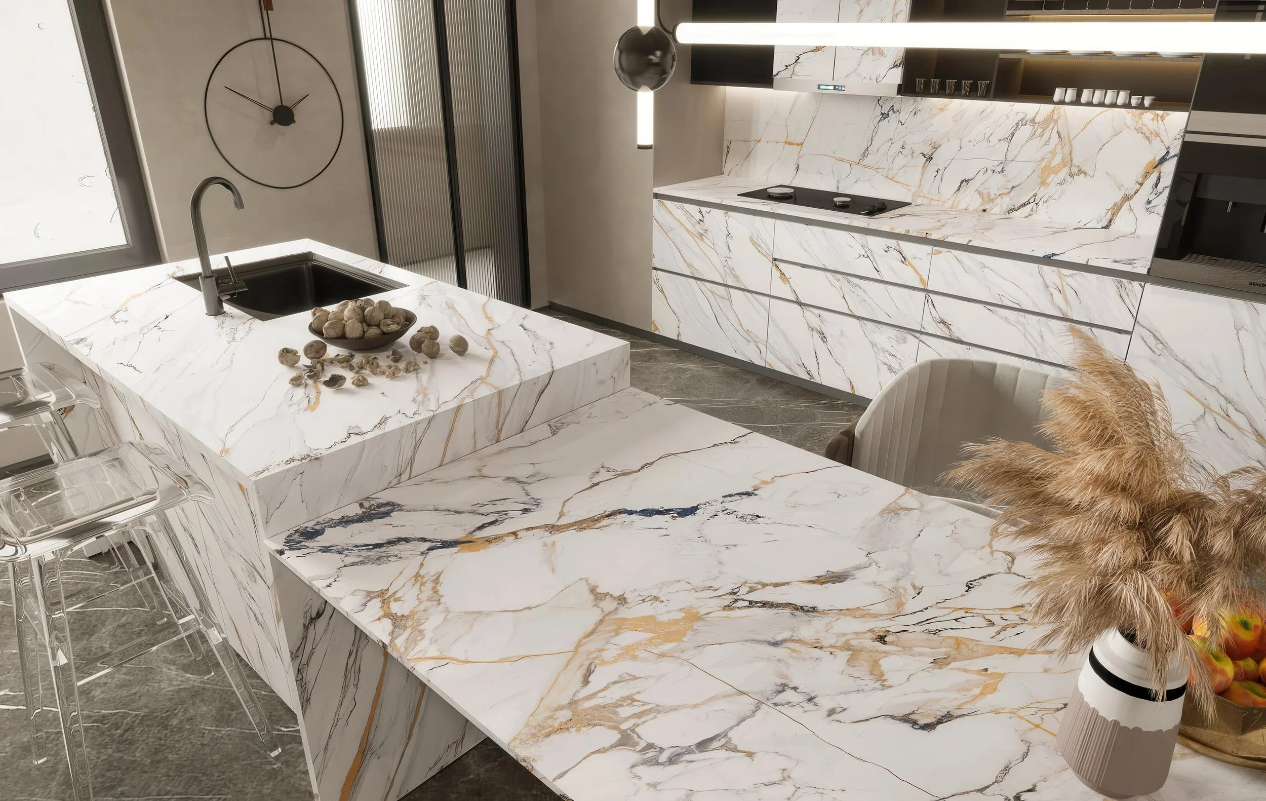 Modern Kitchen With Gilt Year 4x9 Porcelain Slab Island & Backsplash | CIERO INC