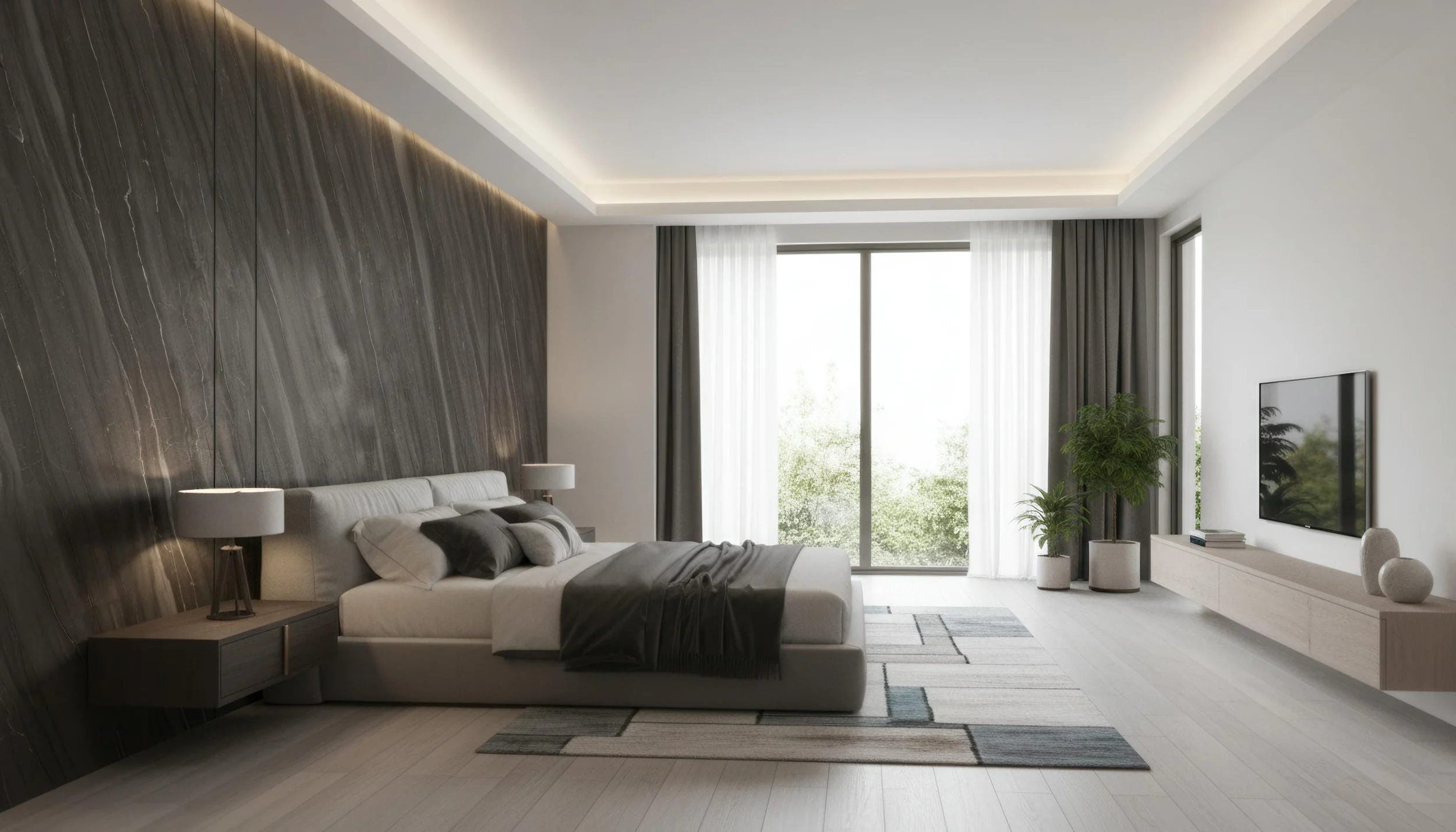 Modern Bedroom with Volcanic Basalt 5x10 Porcelain Slab Featurewall| CIERO