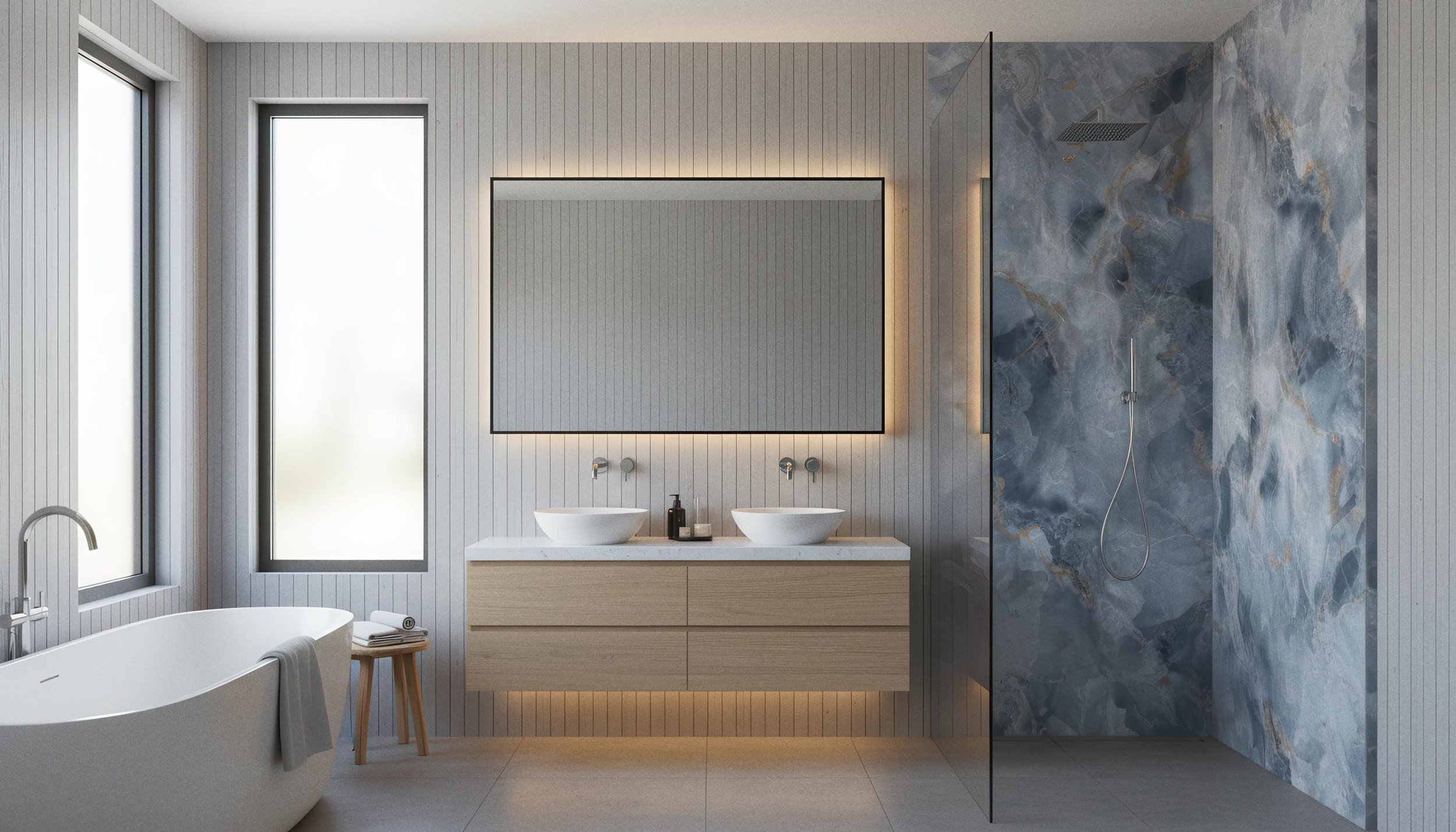 Modern Bathroom With Onyx Neptune 4x10 Porcelain Slab Shower Wall | CIERO
