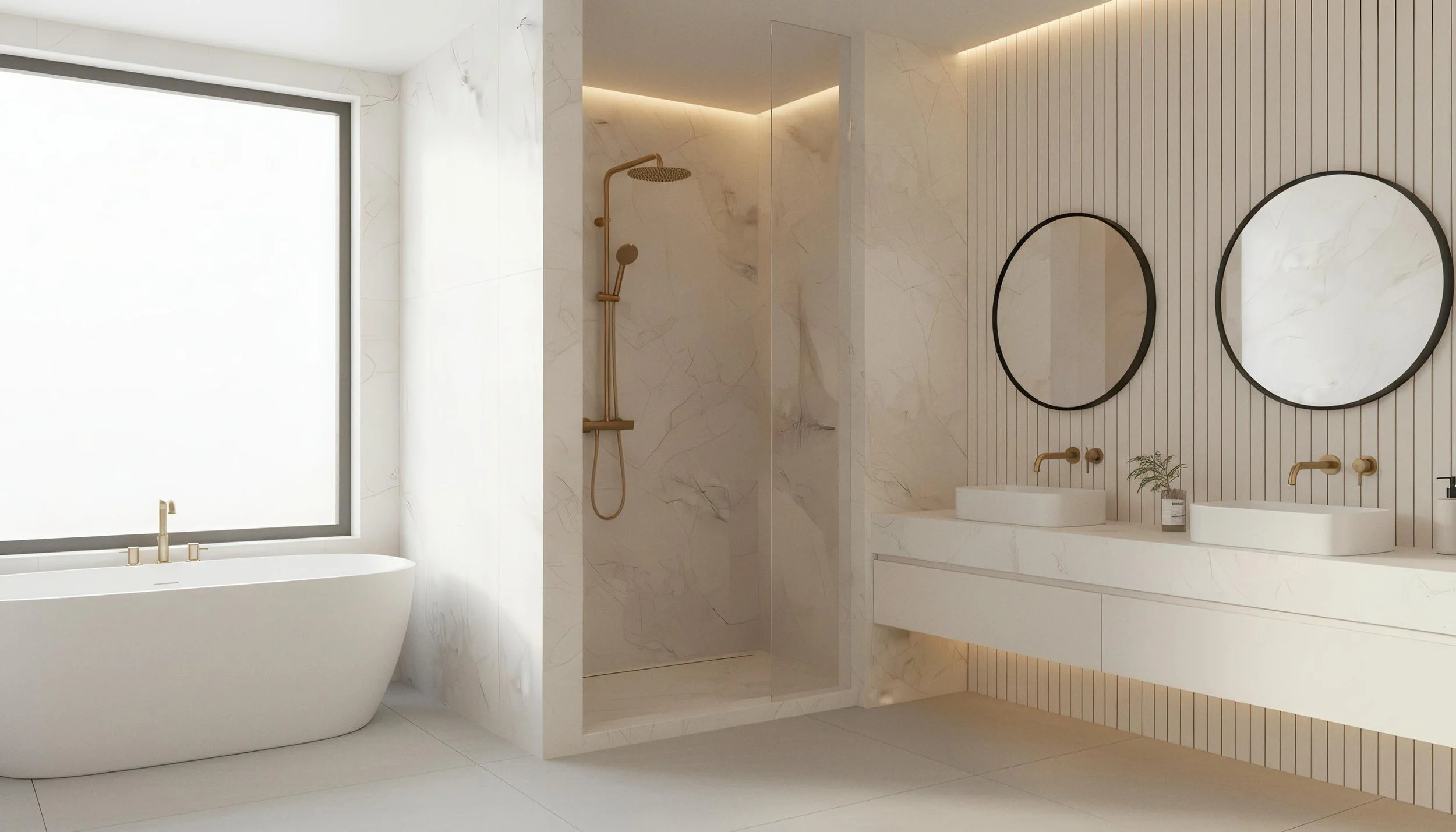 Modern Bathroom With Mystic Ivory 4x8 Porcelain Slab Shower Wall | CIERO