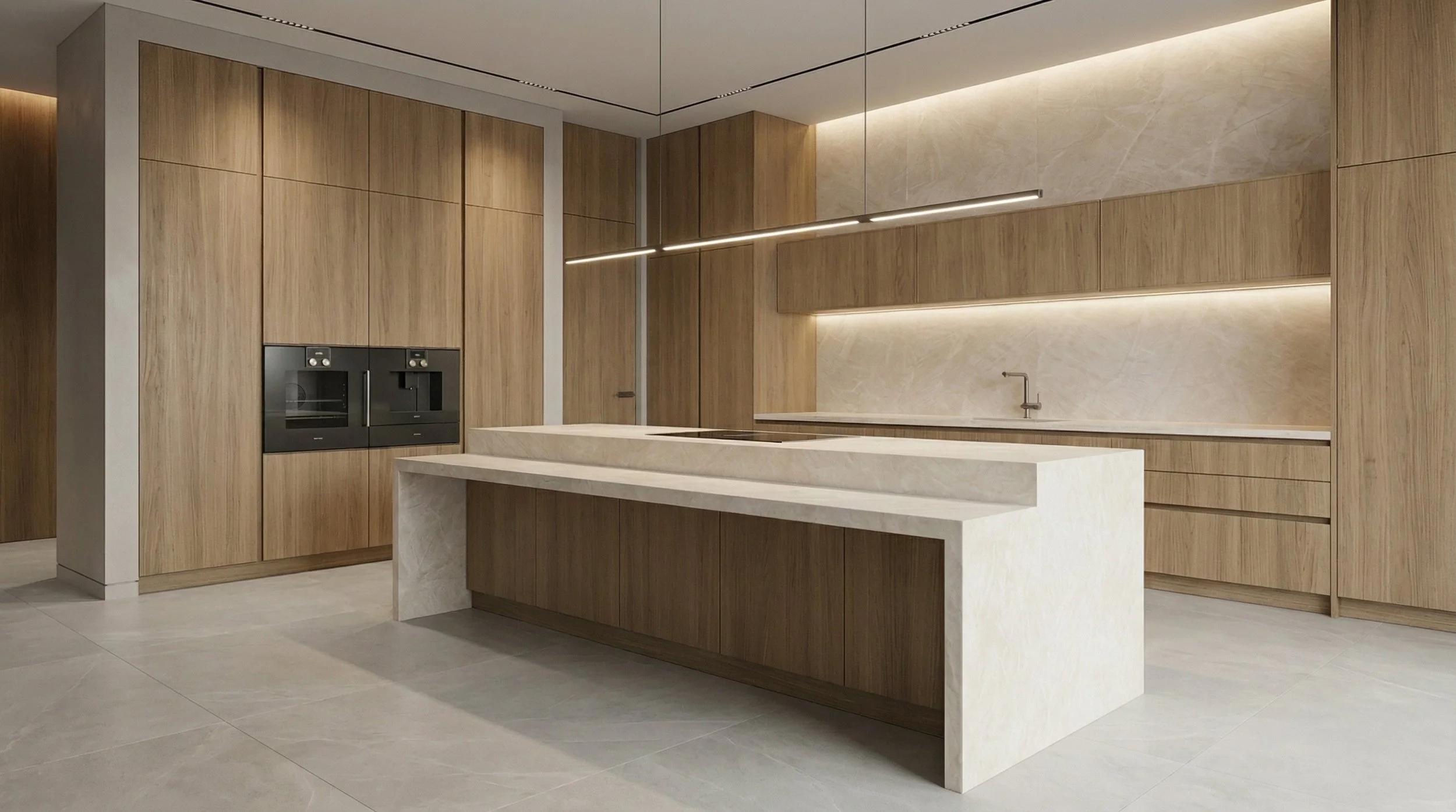 Modern Kitchen With Taj Mahal 5x10 Porcelain Slab Kitchen Island | CIERO