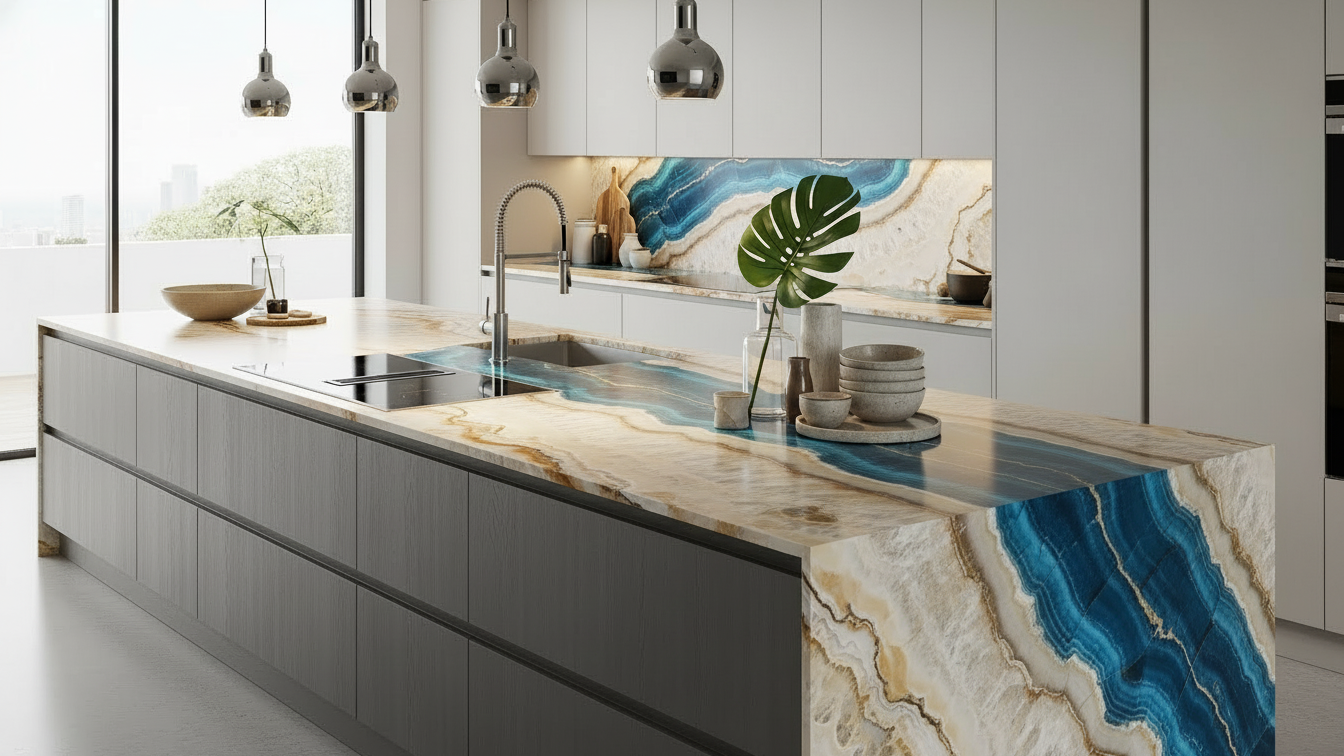 Modern Kitchen Environment With Onyx design with Hints Of Ocean and the Beach