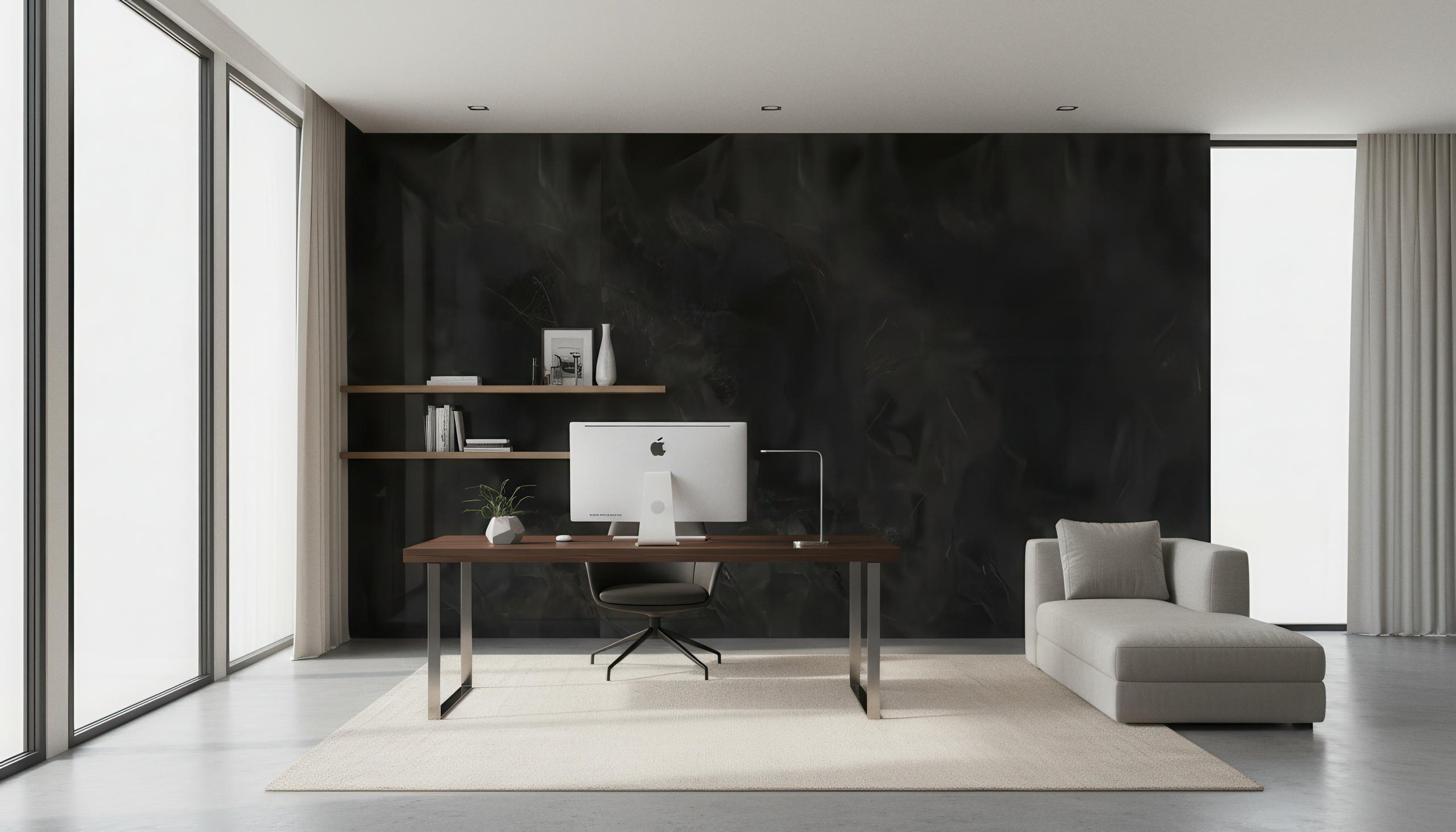 Modern home office with Onyx Noir 4x10 Porcelain Slab Feature Wall | CIERO