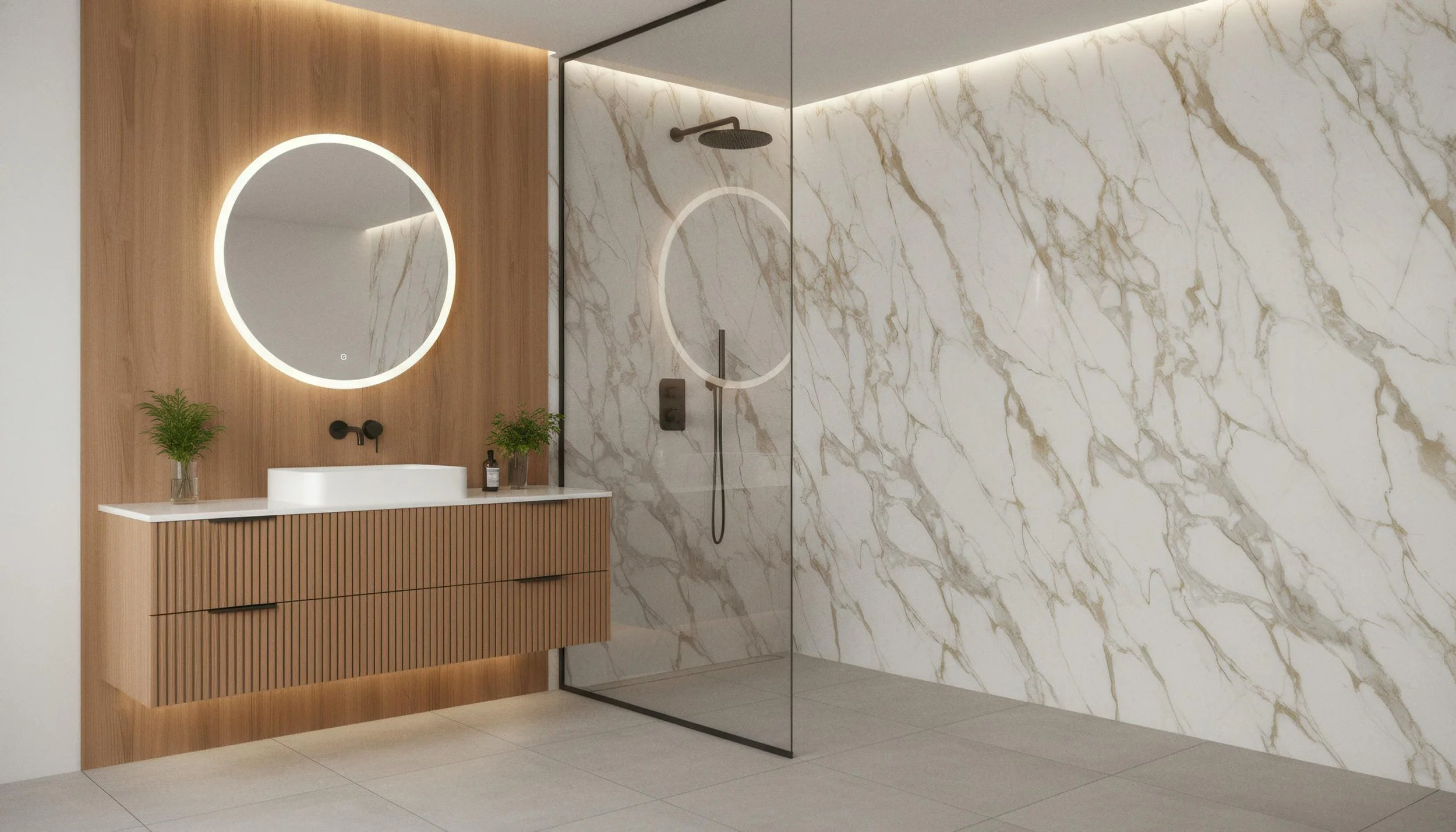 Modern & Minimal bathroom with Givenchy Gold 5x10 Porcelain Slab Shower Wall | CIERO