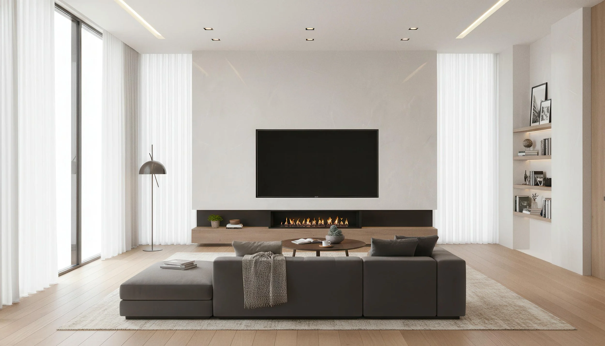 Modern Livingroom With Ivory Limestone 4x9 Porcelain Slab Fireplace Feature Wall | CIERO