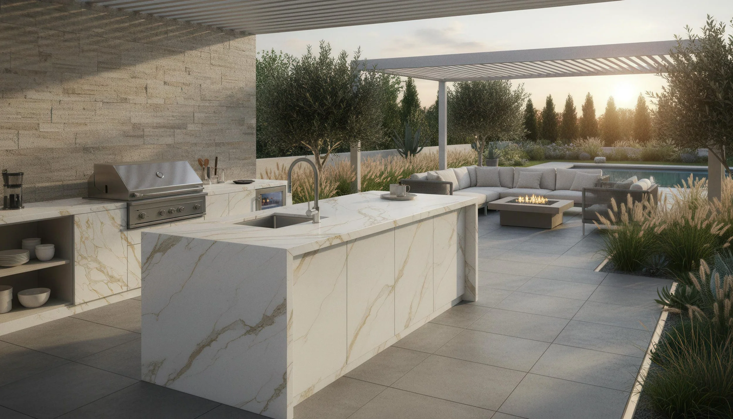 Modern outdoor kitchen scene with Givenchy Gold 5x10 Porcelain Slab Kitchen Island | CIERO INC