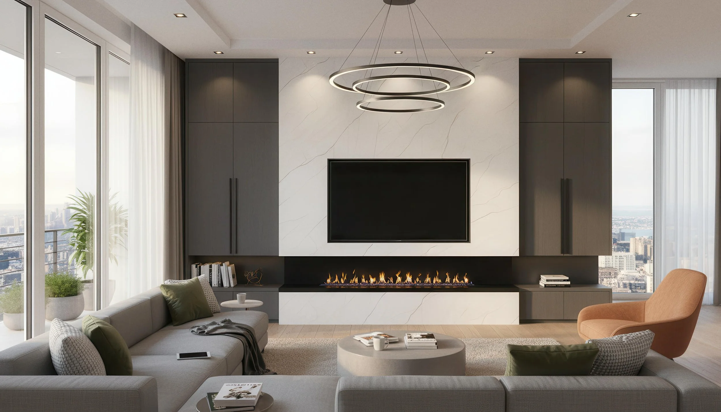 Modern Livingroom With Hurricane Beige 4x8 Porcelain Slab Fireplace Feature wall | CIERO