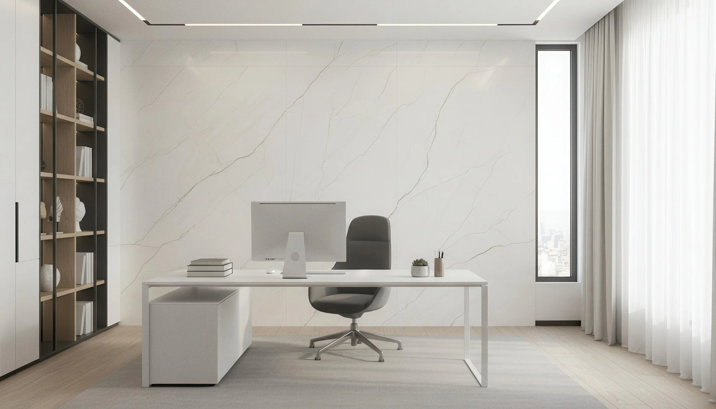 Modern Home Office Setup With Hurricane Beige 4x8 Porcelain Slab Accent Wall | CIERO