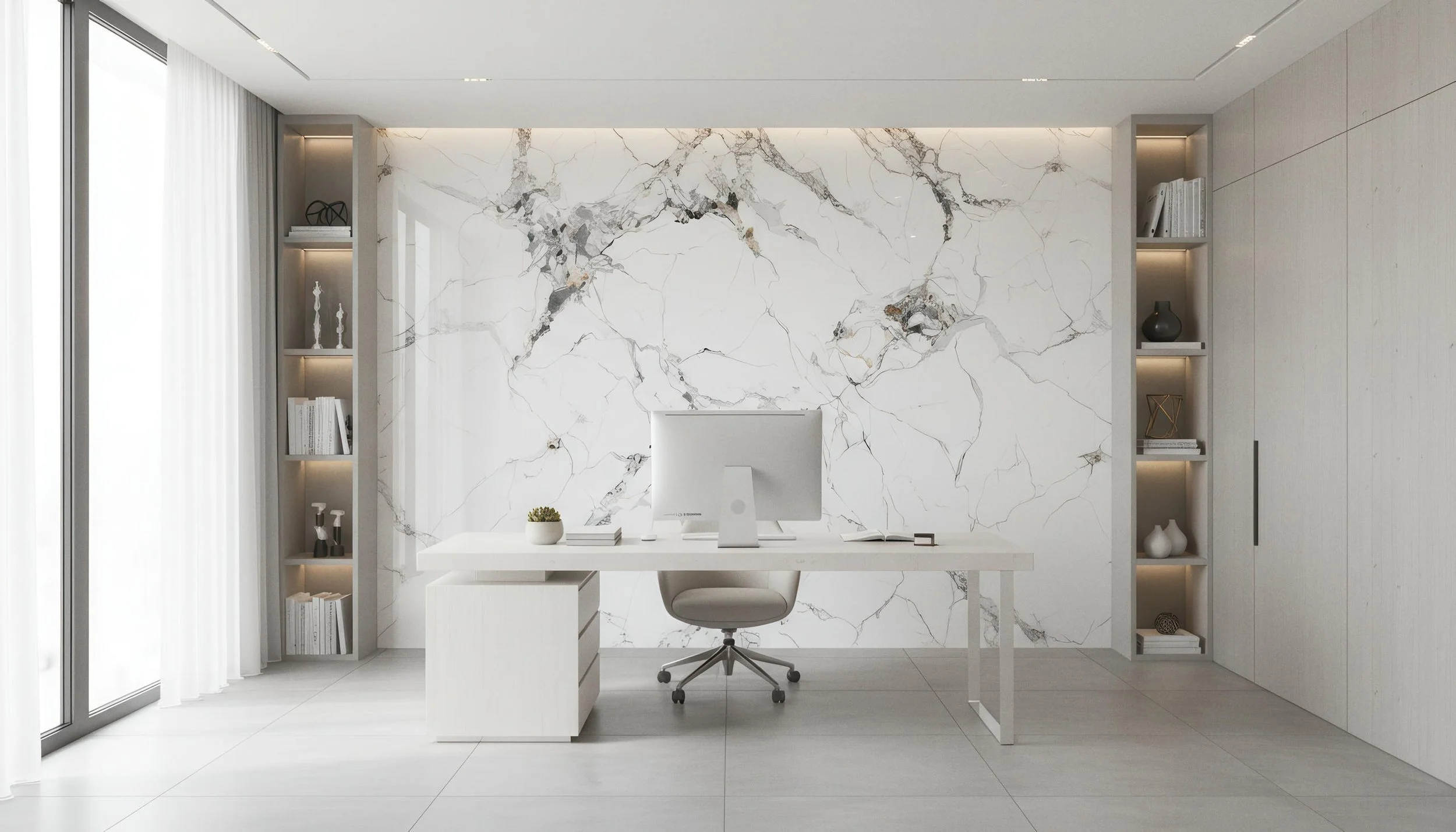 Modern Home Office Setup With Arden Gold 4x9 Porcelain Slab Featurewall | CIERO INC