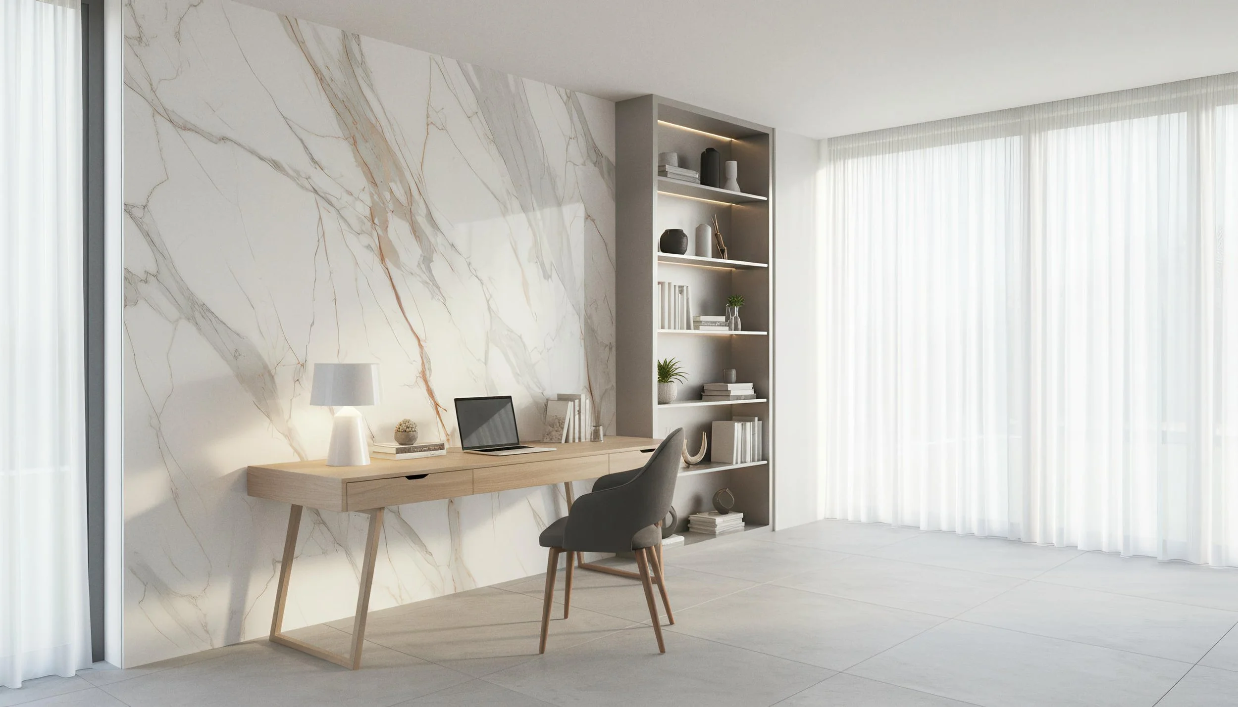 Modern Home Office With Viola Gold 4x9 Porcelain Slab Accent Wall | CIERO