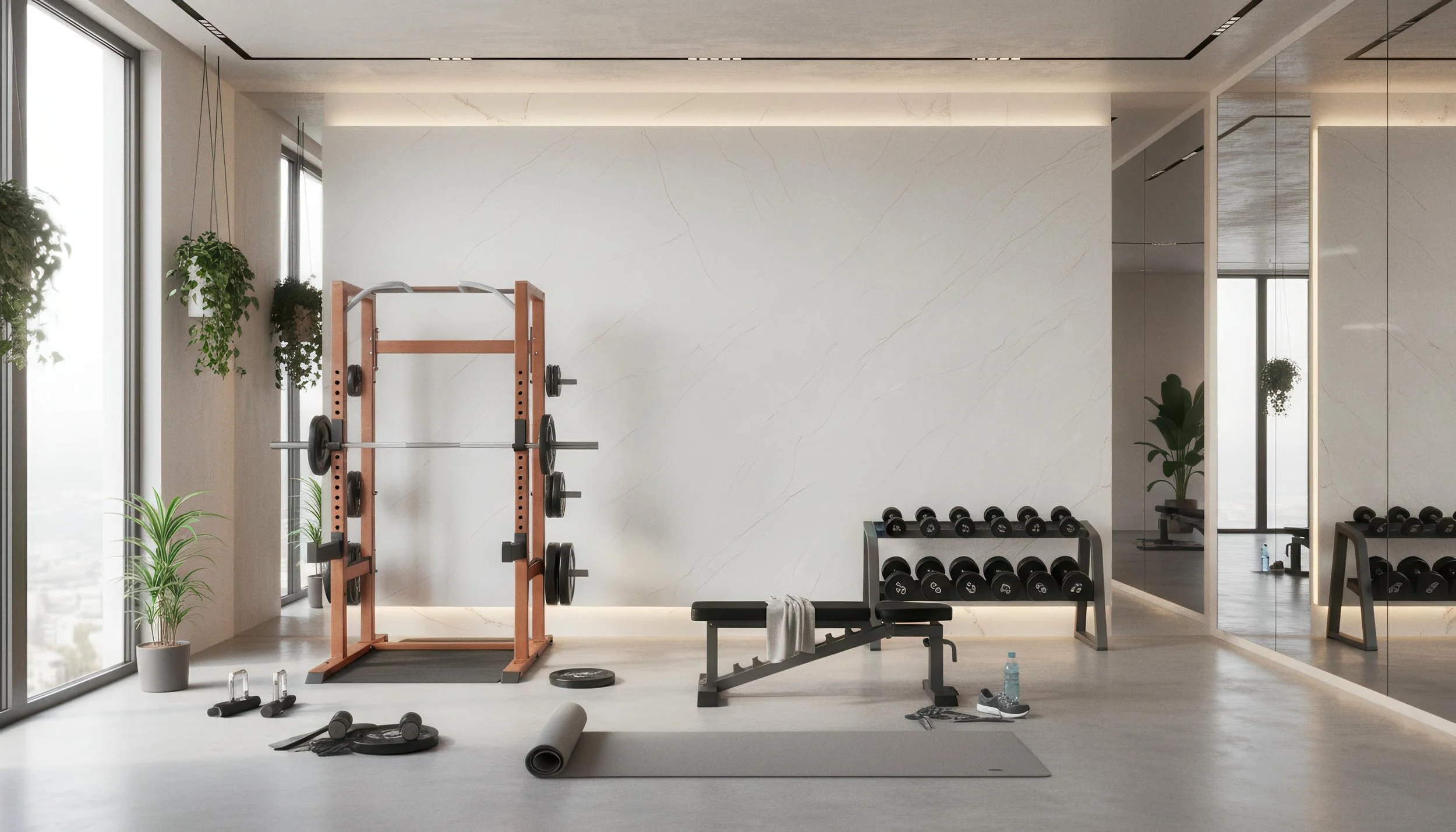 Modern Home Gym Setup With White Jade 4x9 Porcelain Slab Accent Wall | CIERO INC