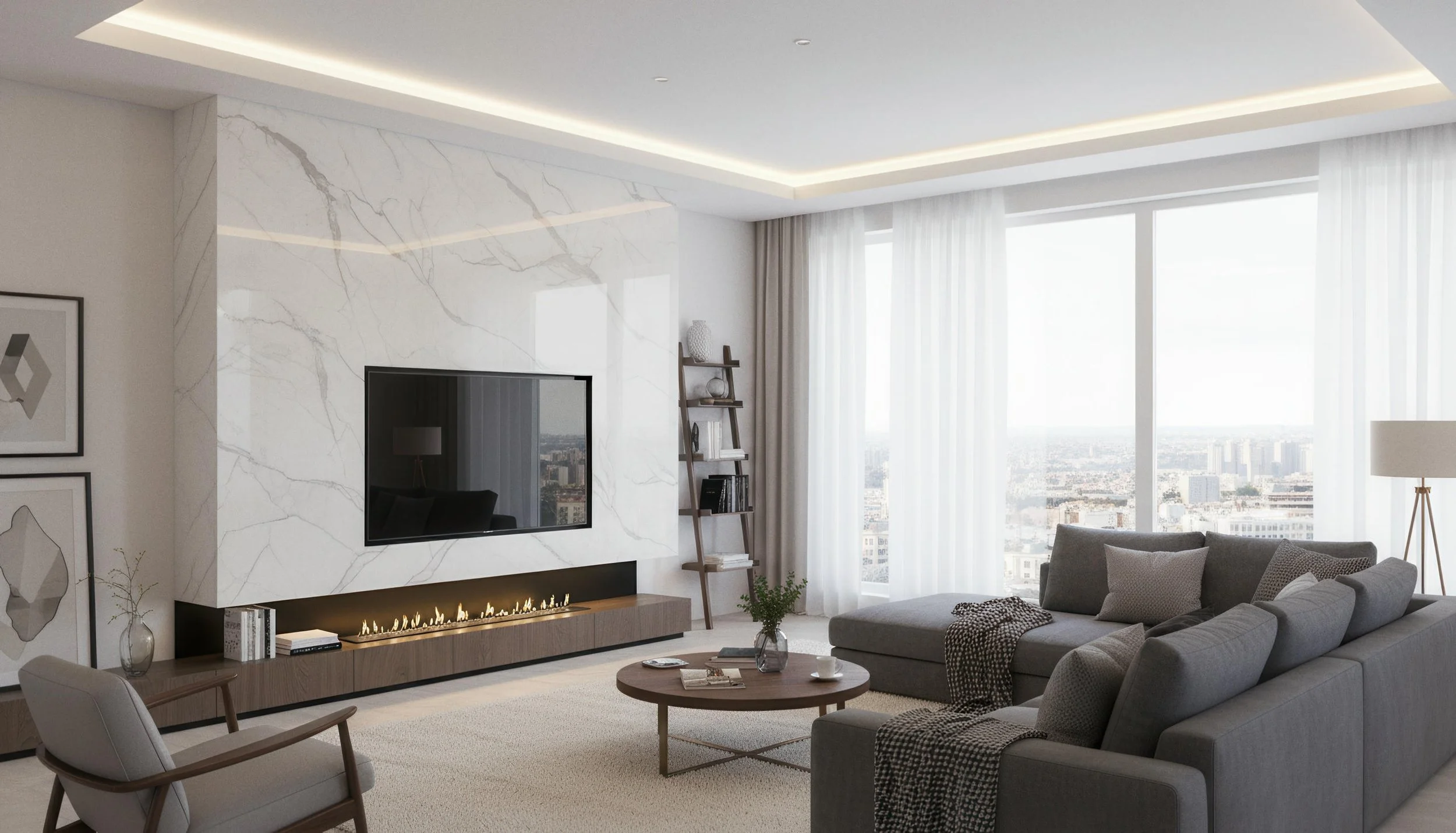 Modern Livingroom With Calacatta Victoria 4x8 Porcelain Slab Fireplace Media Wall | CIERO