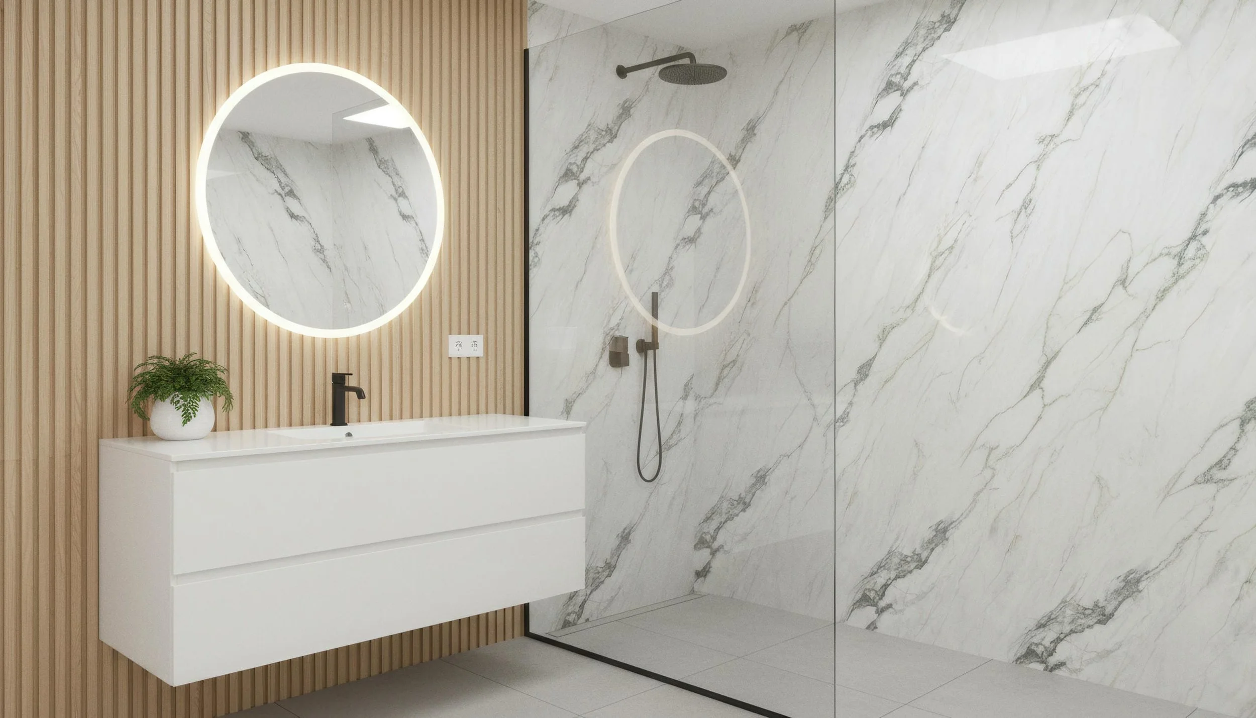 Modern Bathroom With Calacatta Verde 5x10 Porcelain Slab Fireplace Showerwall | CIERO