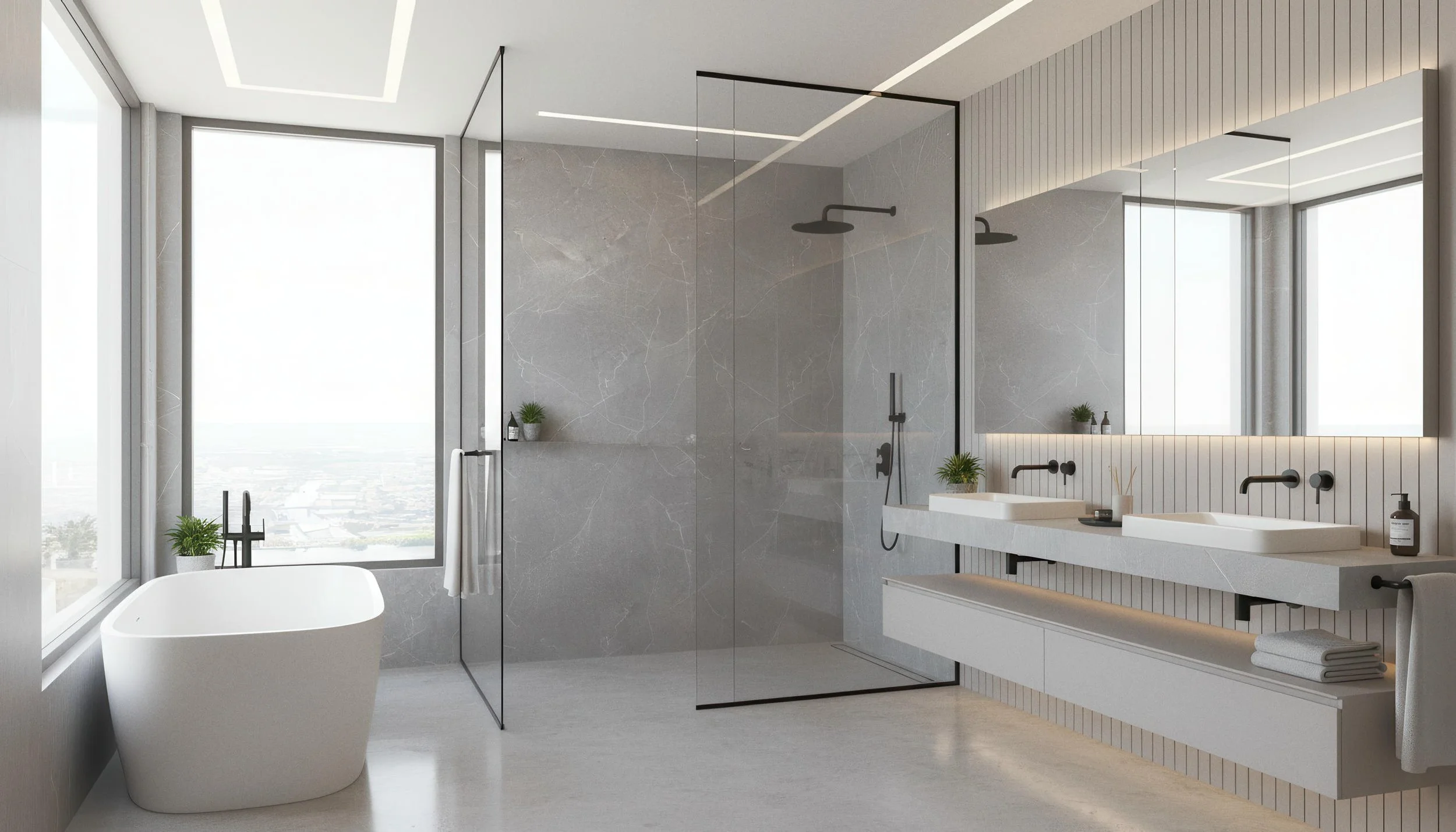 Modern Bathroom With Cloud Grey 4x9 Porcelain Slab Shower Wall | CIERO