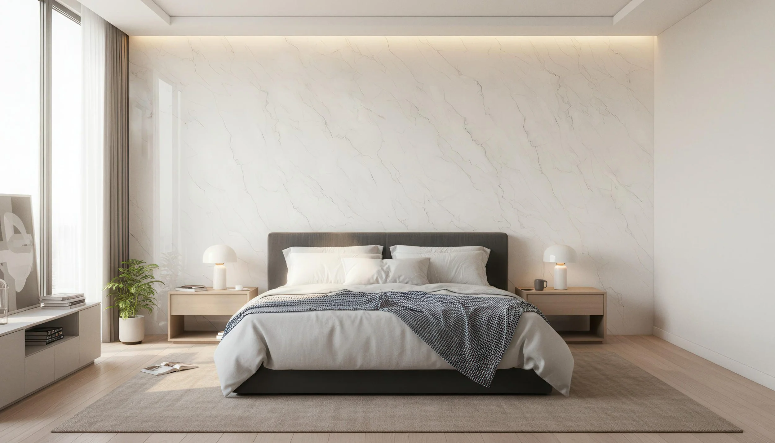 Modern Bedroom With Statuario Dune 4x10 Porcelain Slab Feature Wall | CIERO