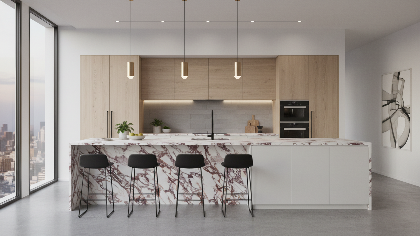 Modern Kitchen With Calacatta Viola For Island & Countertop