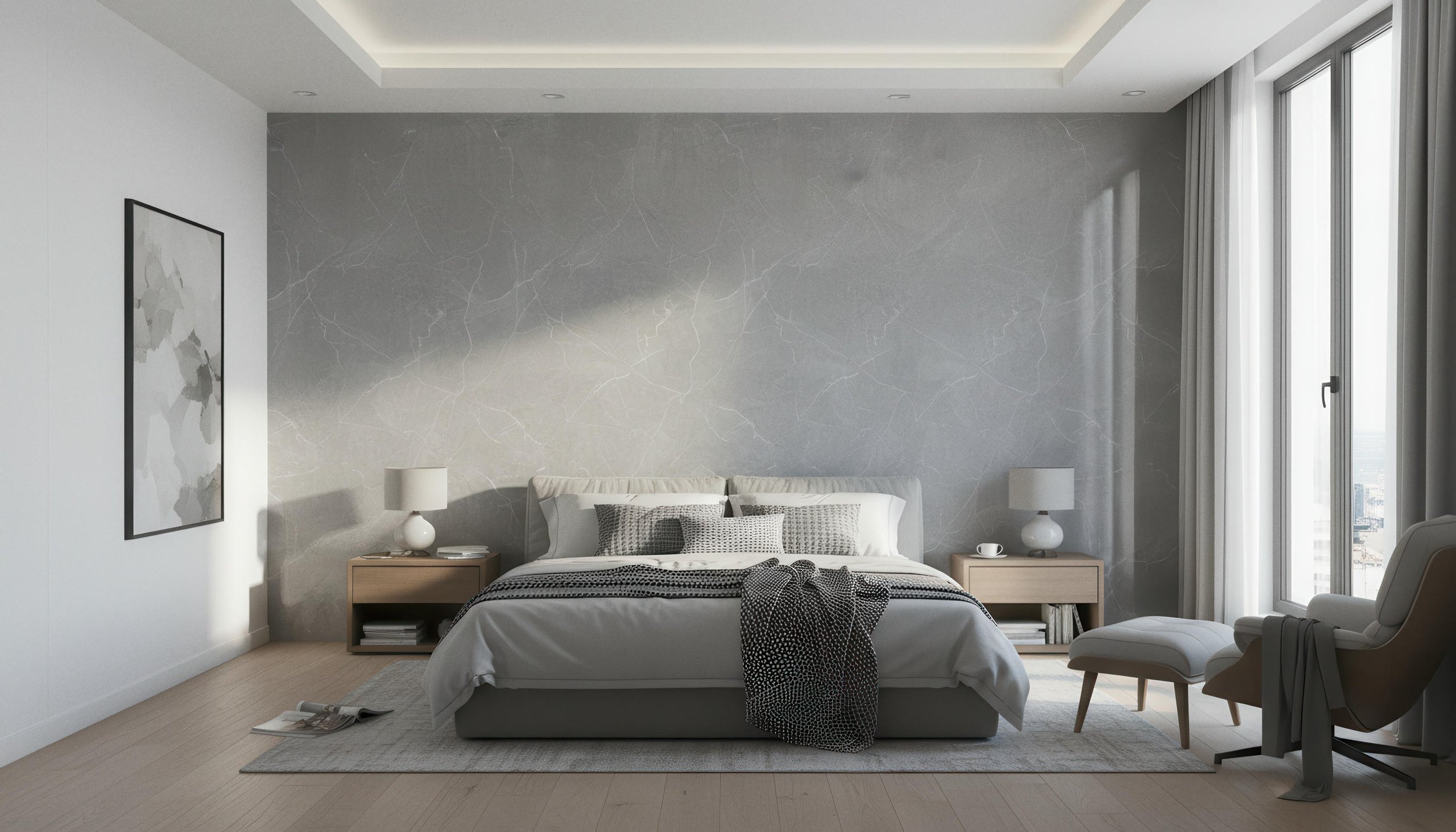 Modern Bedroom With Cloud Grey 4x9 Porcelain Slab Accent Wall | CIERO