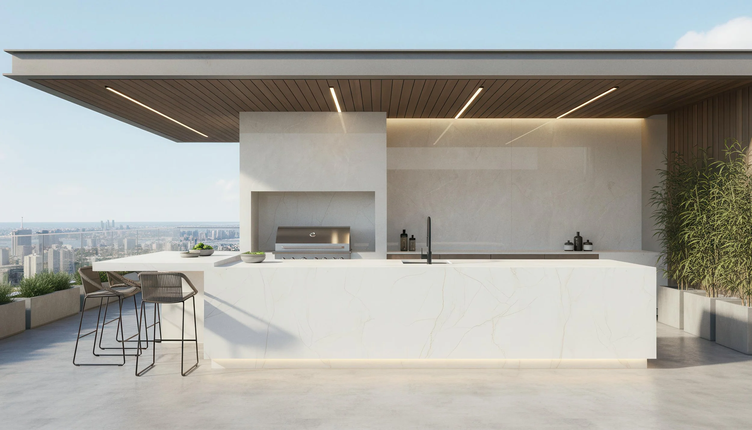 Modern Rooftop Kitchen With Ivory Limestone 4x9 Porcelain Slab Backsplash | CIERO