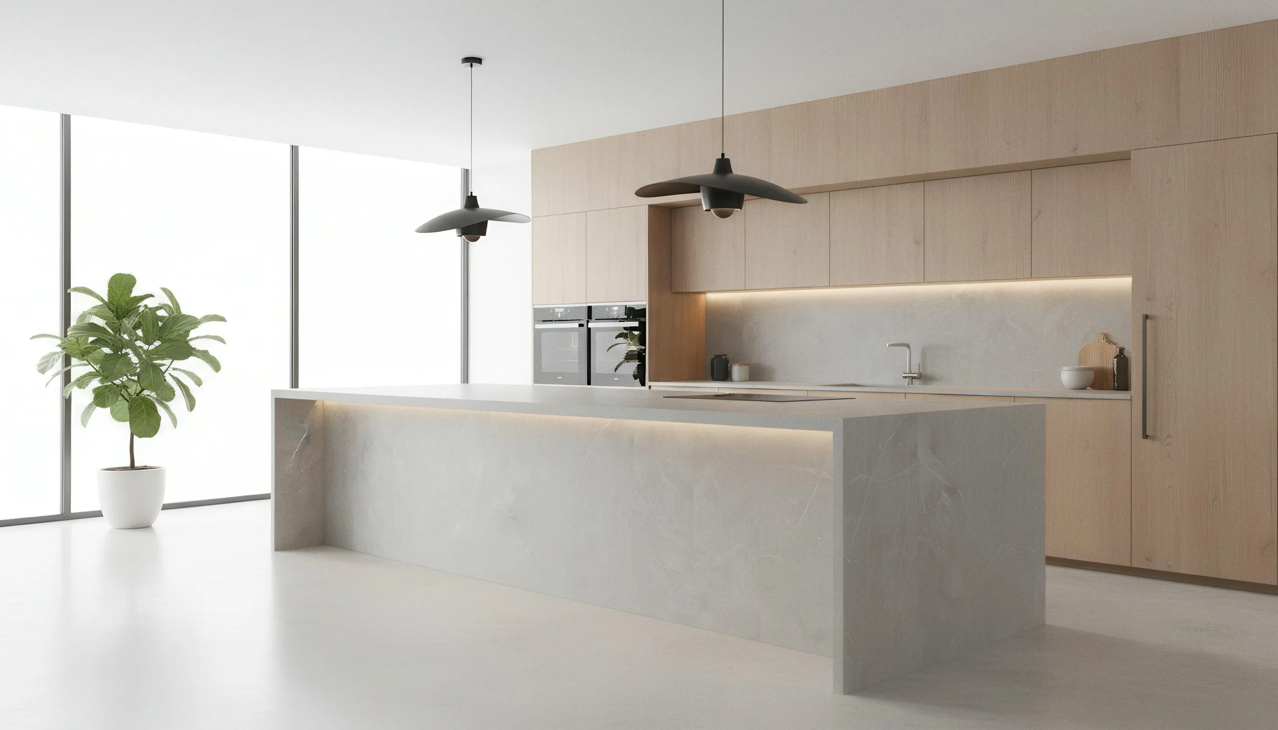 Modern Kitchen With Pulpis Grey 4x9 Porcelain Slab Island & Backsplash | CIERO