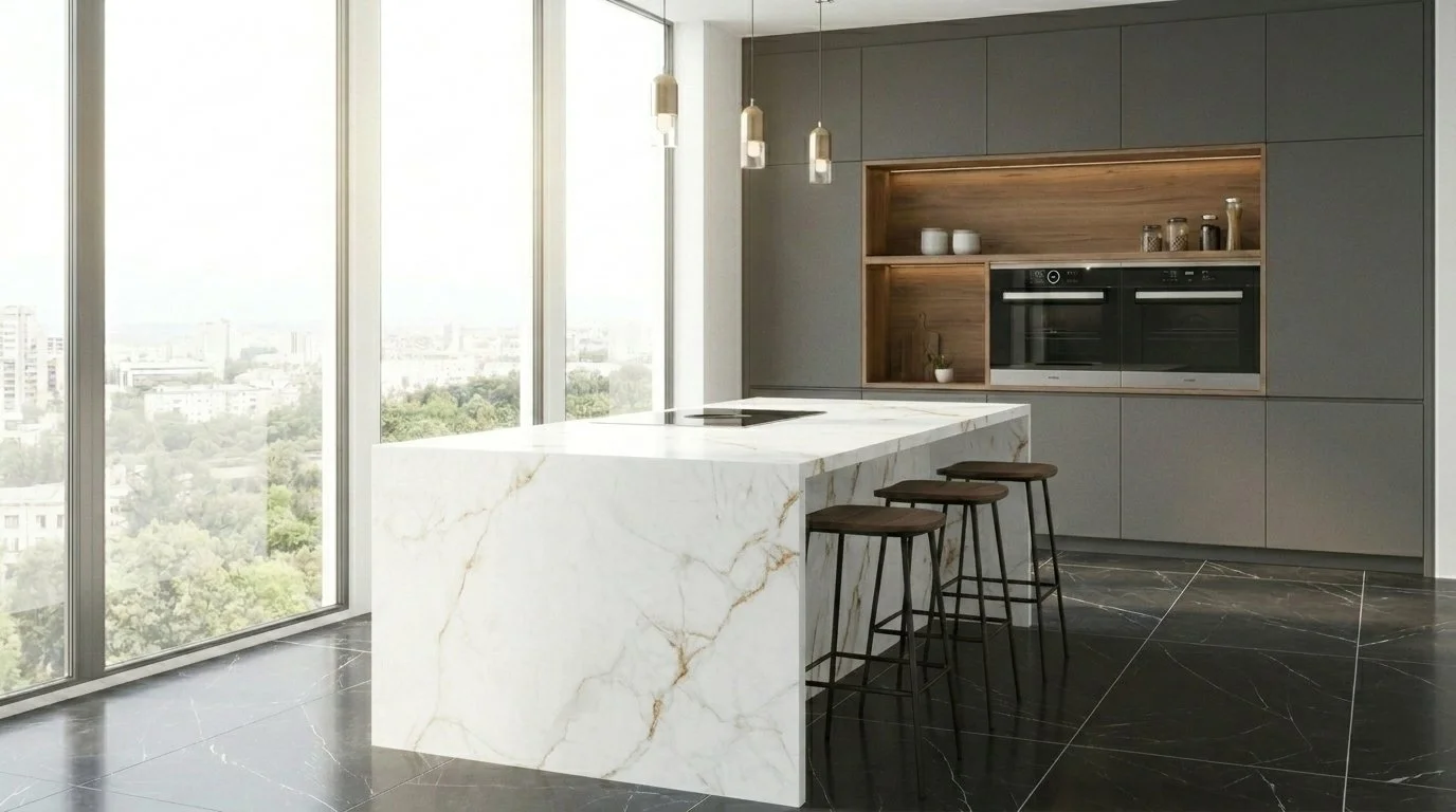 Modern Kitchen Island Featuring Carrara Gold 5x10 Porcelain Slab | CIERO