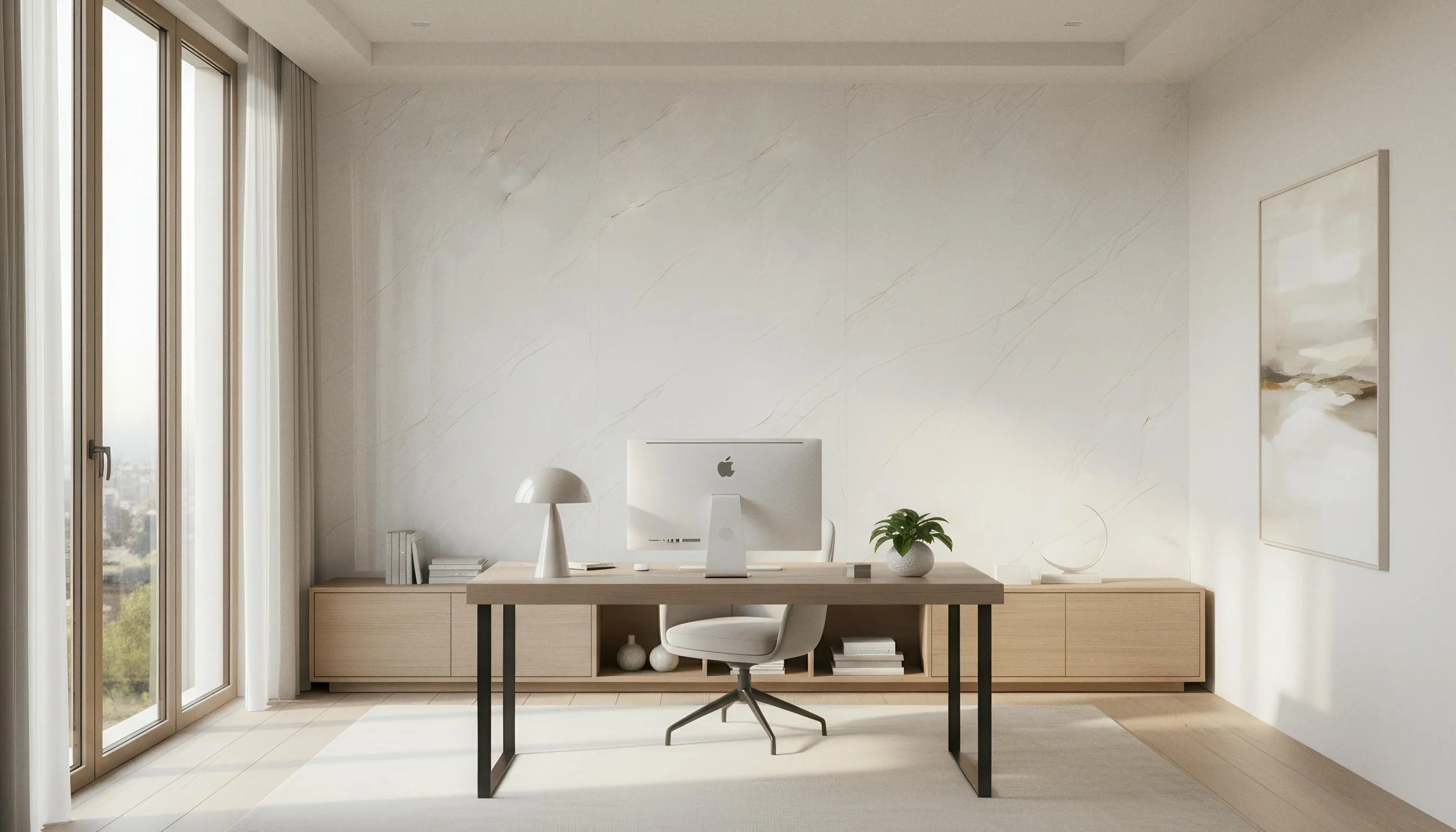 Modern Home Office With White Jade 4x9 Porcelain Slab Accent Wall | CIERO INC
