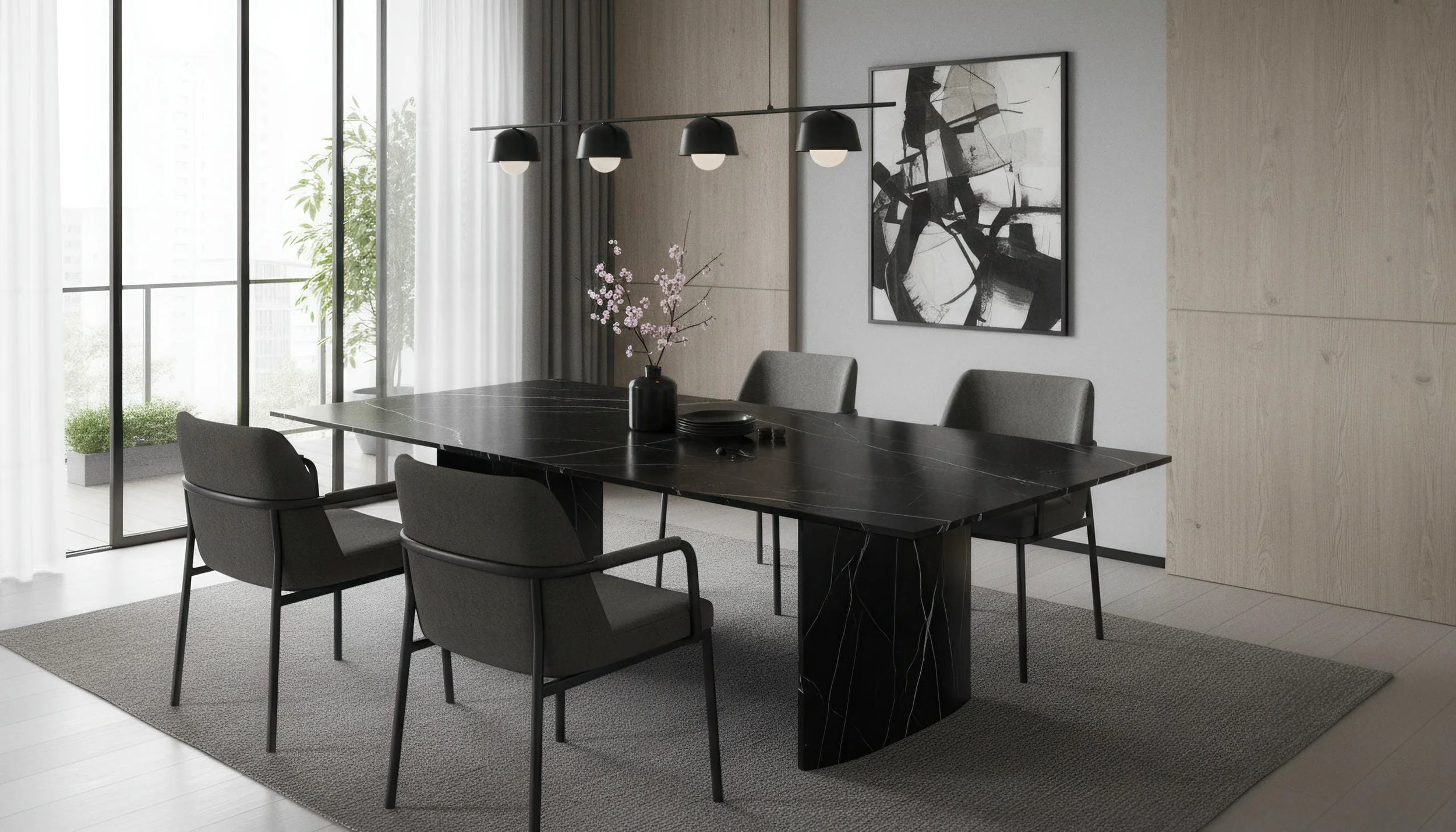 Modern Dining made with Nero Marquina 5x10 Porcelain Slab | CIERO